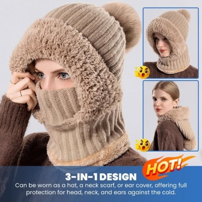 🎄Christmas Sale 50% OFF⛄️Women’s Thermal Knit Hood – Fleece-Lined Winter Hat, Neck Warmer & Face Cover Combo