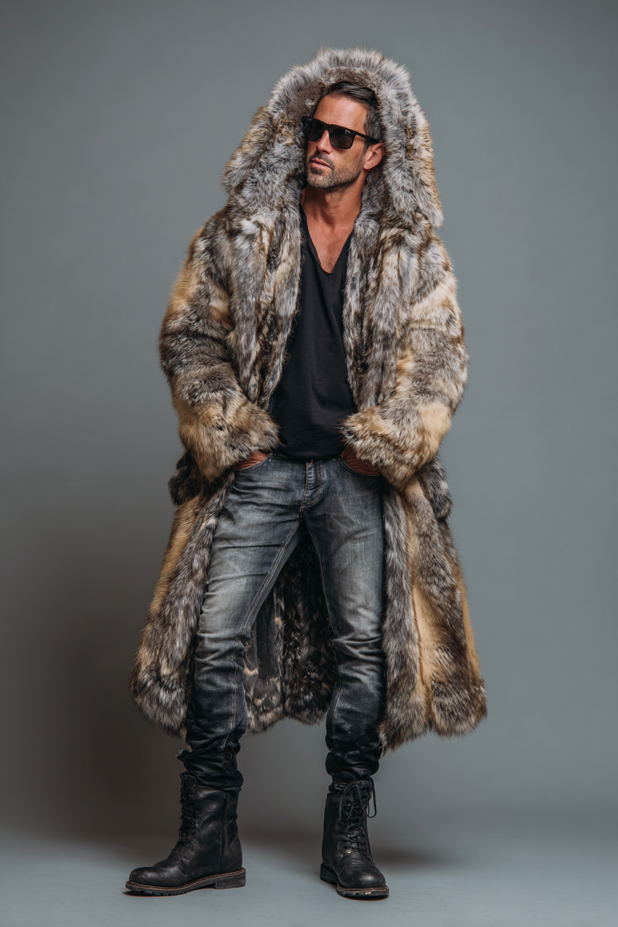 HOT Lambskin coat Jacket Long Shearling Coat Mens Shearling Hooded jacket