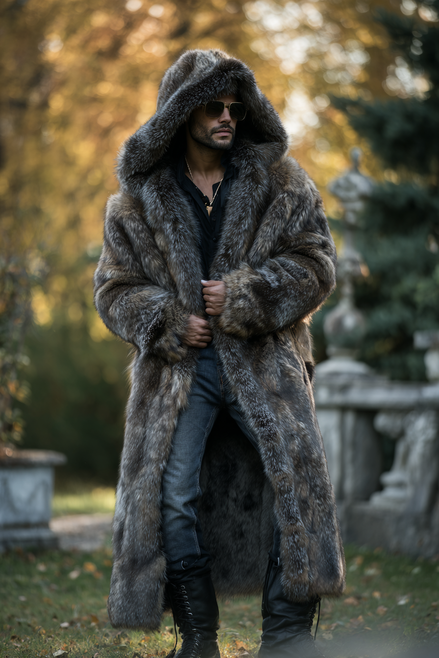 HOT Lambskin coat Jacket Long Shearling Coat Mens Shearling Hooded jacket
