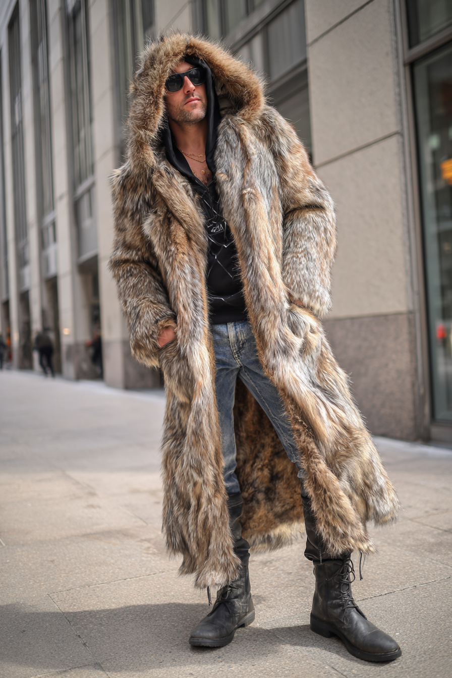 HOT Lambskin coat Jacket Long Shearling Coat Mens Shearling Hooded jacket