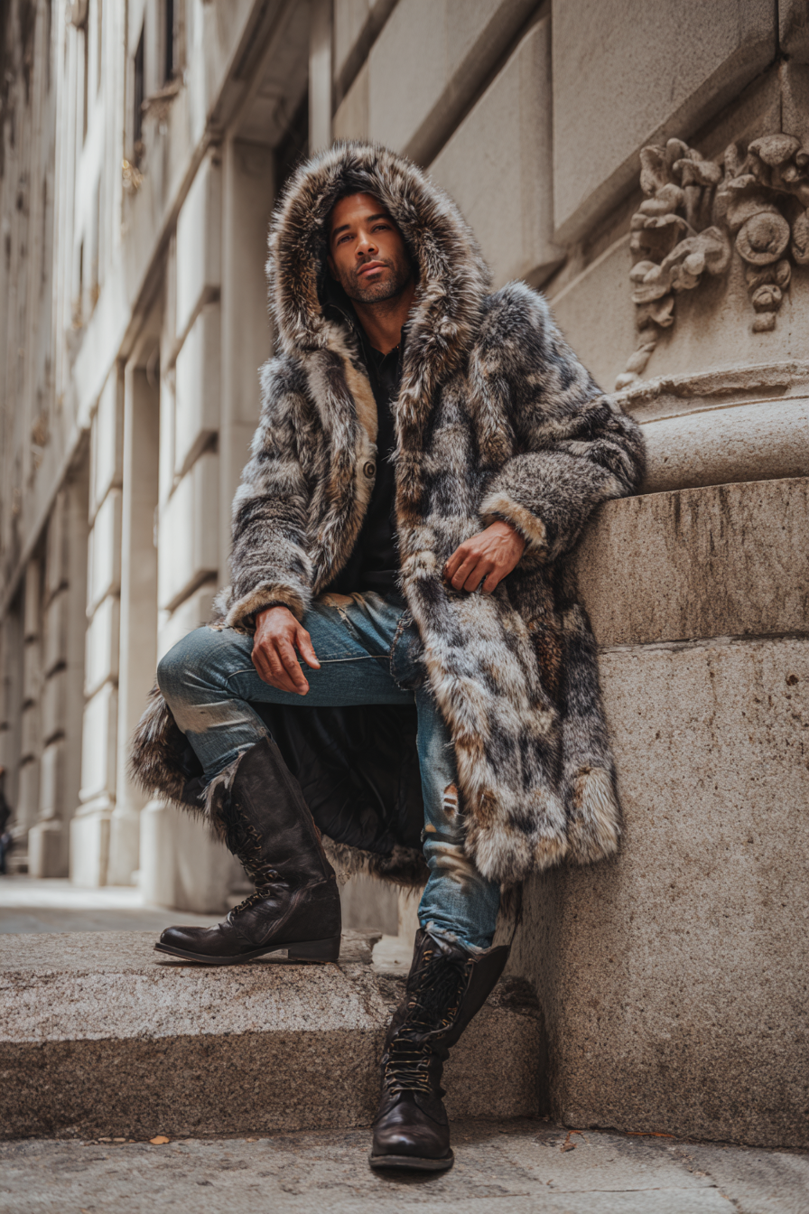 HOT Lambskin coat Jacket Long Shearling Coat Mens Shearling Hooded jacket