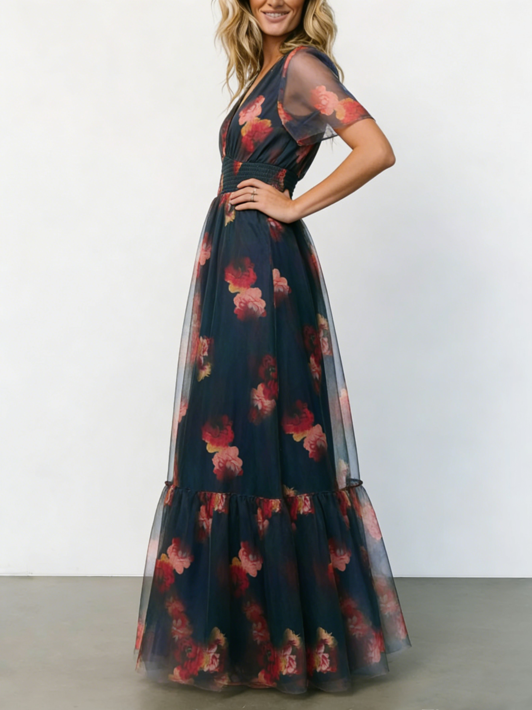 Elegant Ombre Floral Print Tulle Maxi Dress