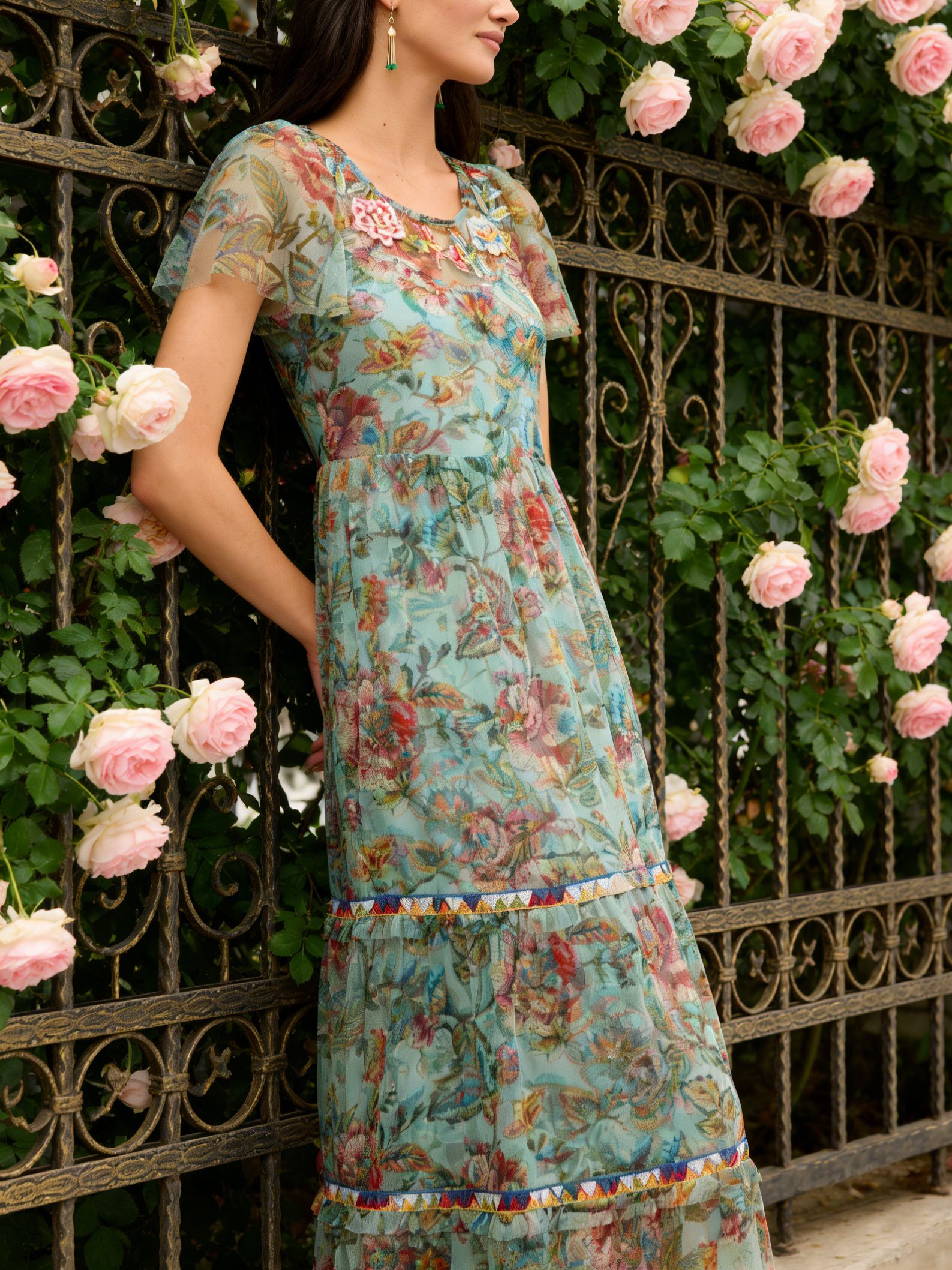 Boho Floral Embroidered Tiered Mesh Maxi Dress