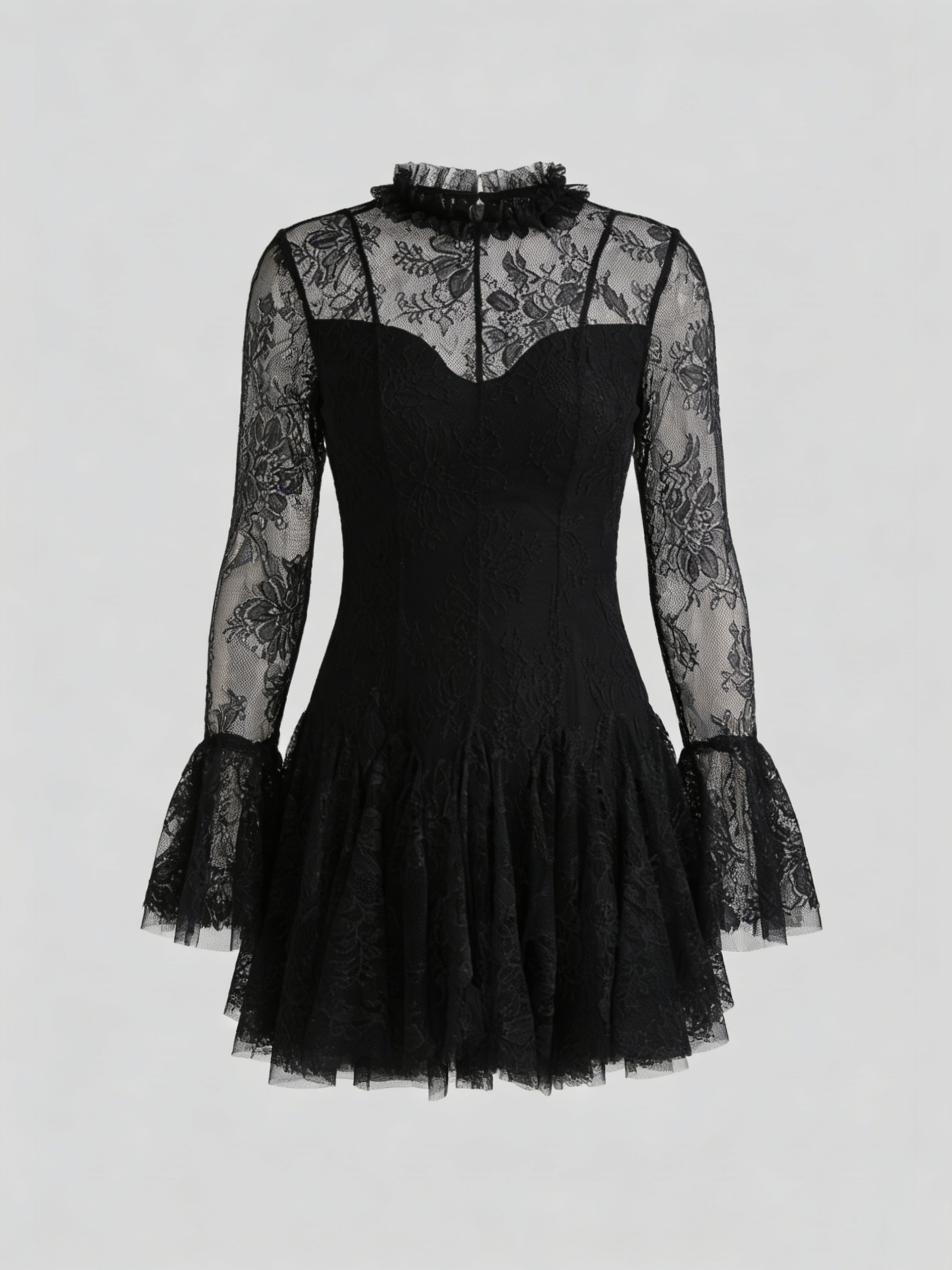 Women's Vintage Lace Tiered Mini Dress - Long Bell Sleeves & Sheer Mesh Neckline
