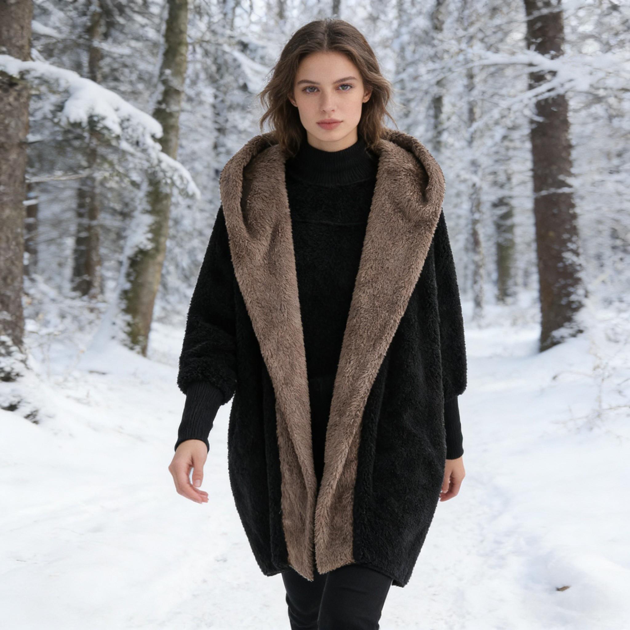 Collision-colored hooded fleece cardigan for women Loose large warm medium-length coat