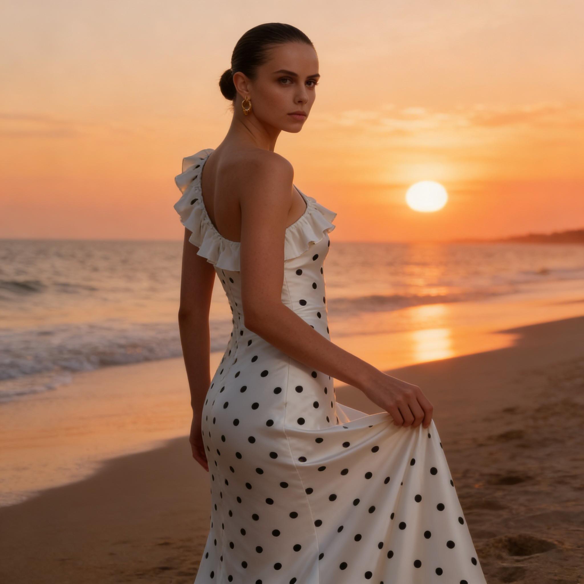 2026 Spring Summer Vintage Socialite Style Polka Dot Satin One-Shoulder Formal Dress | Ruffle Trim Fitted Mermaid Maxi Dress