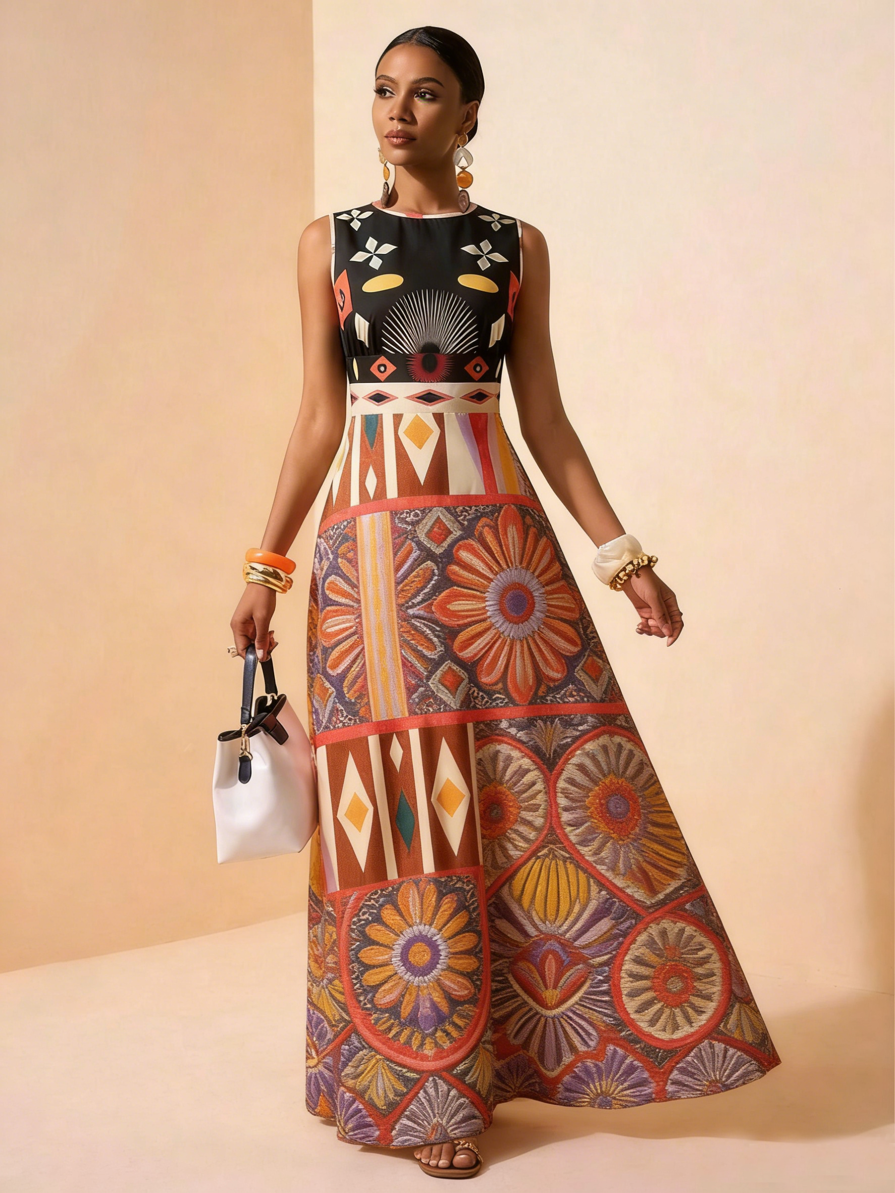 Sunkissed Print New Sleeveless Art Print Maxi Dress