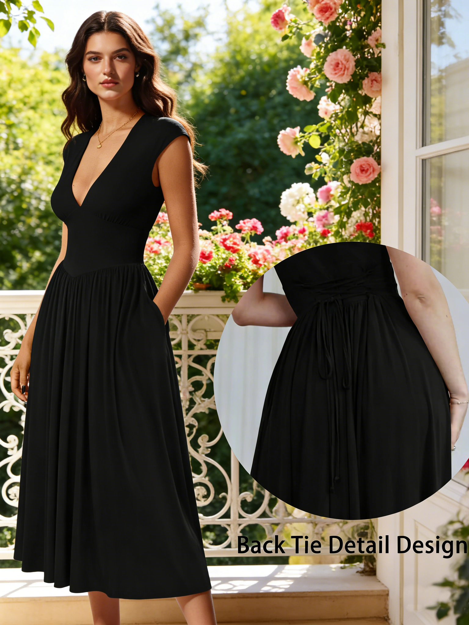 Women's Casual Deep V Neck Cap Sleeve Pleated Swing A Line Midi Dress With Pockets