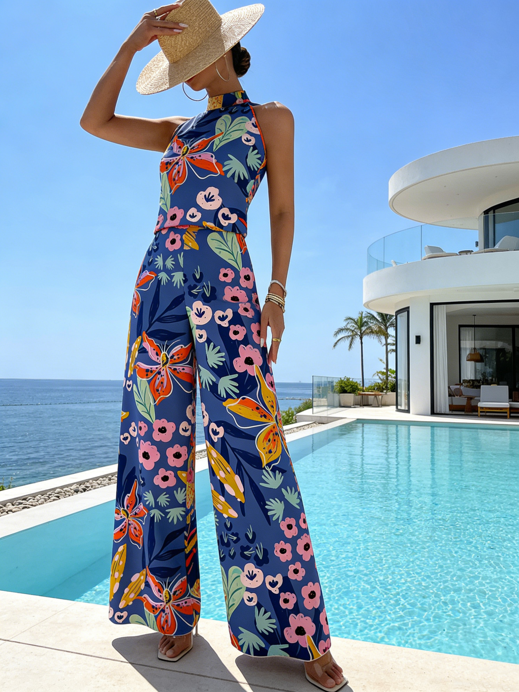 Holiday Flower Neckholder Top & Wide Legs Two-Piece Set