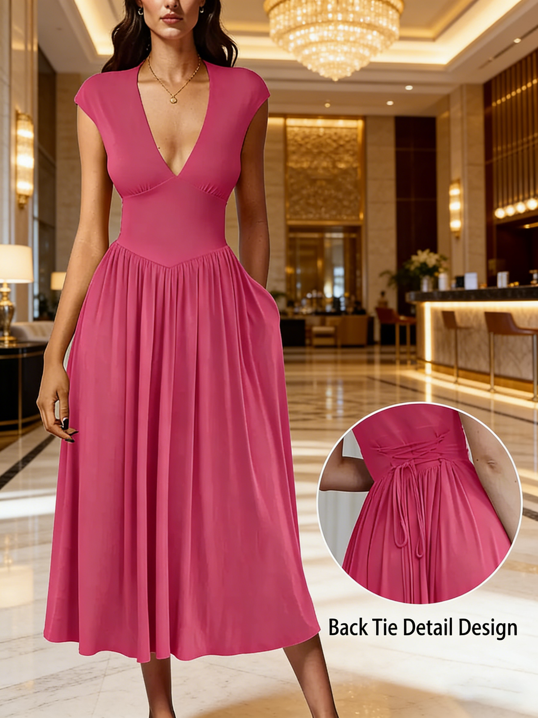 Women's Casual Deep V Neck Cap Sleeve Pleated Swing A Line Midi Dress With Pockets