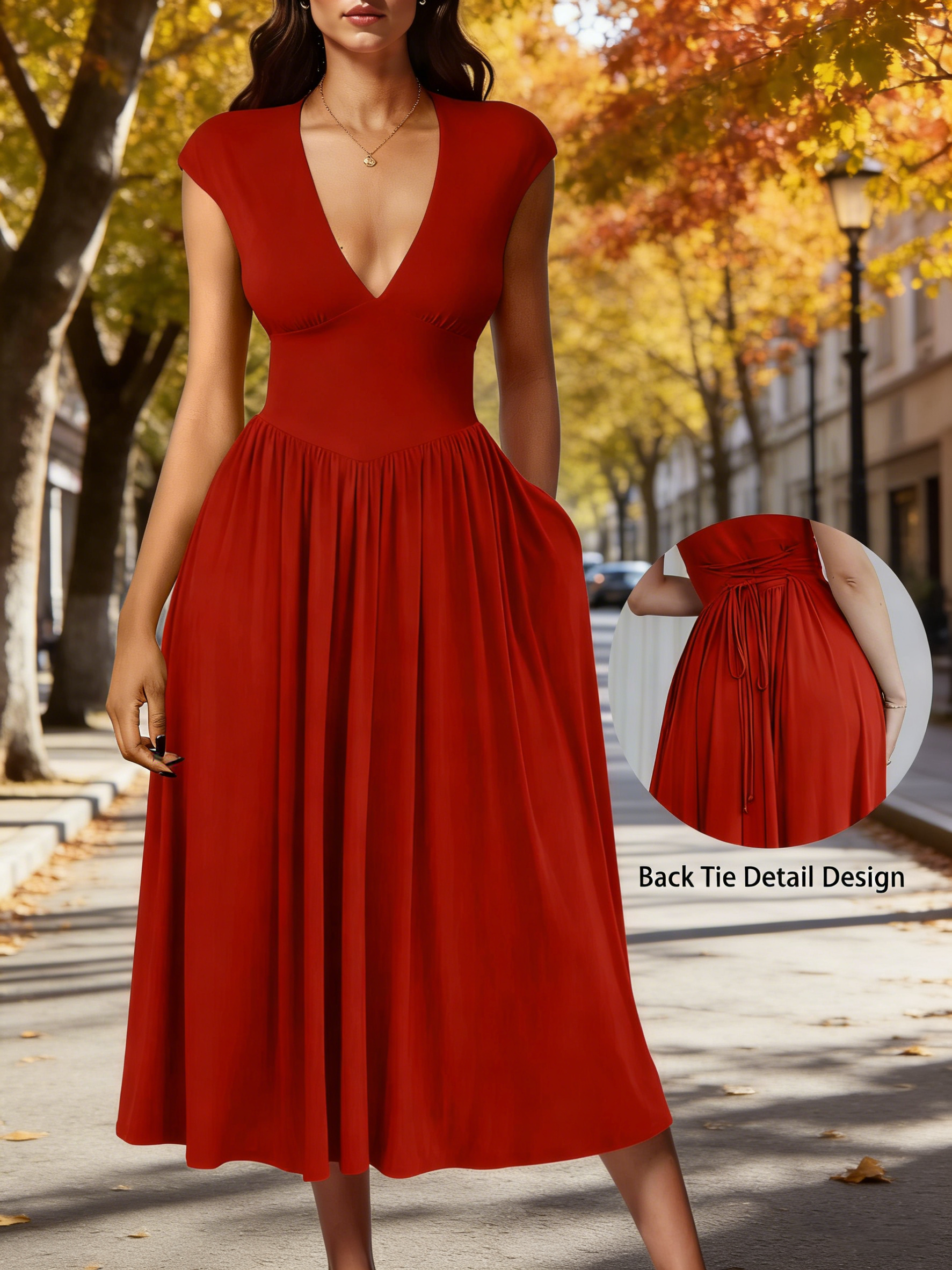 Women's Casual Deep V Neck Cap Sleeve Pleated Swing A Line Midi Dress With Pockets