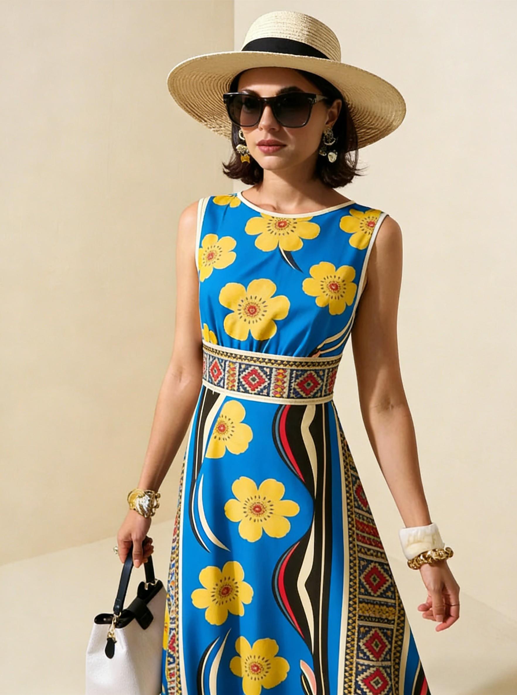 Blue Yellow Floral Ethnic Sleeveless Maxi Dress, Boho Vacation Flowy A Line Dress