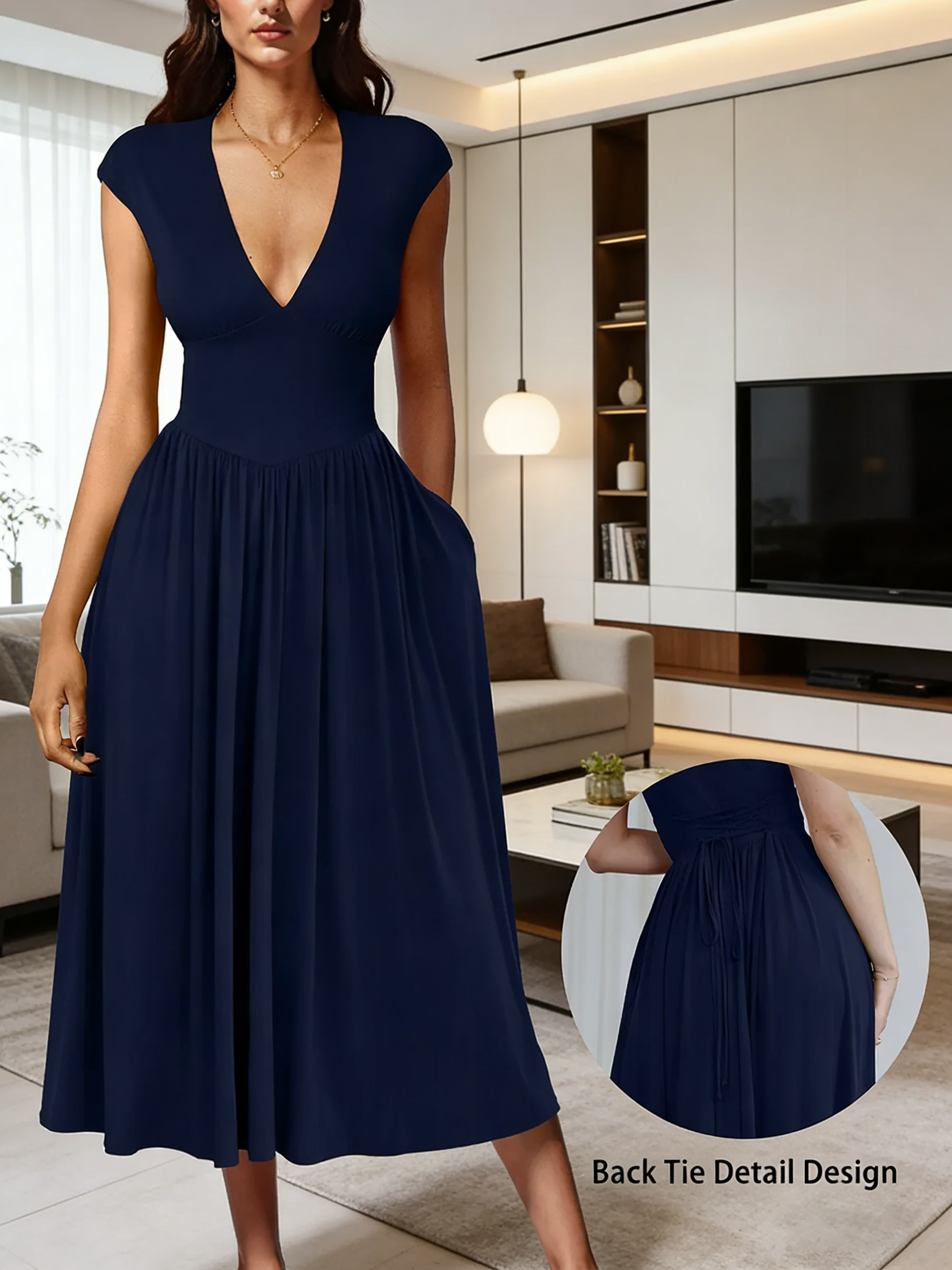 Women's Casual Deep V Neck Cap Sleeve Pleated Swing A Line Midi Dress With Pockets