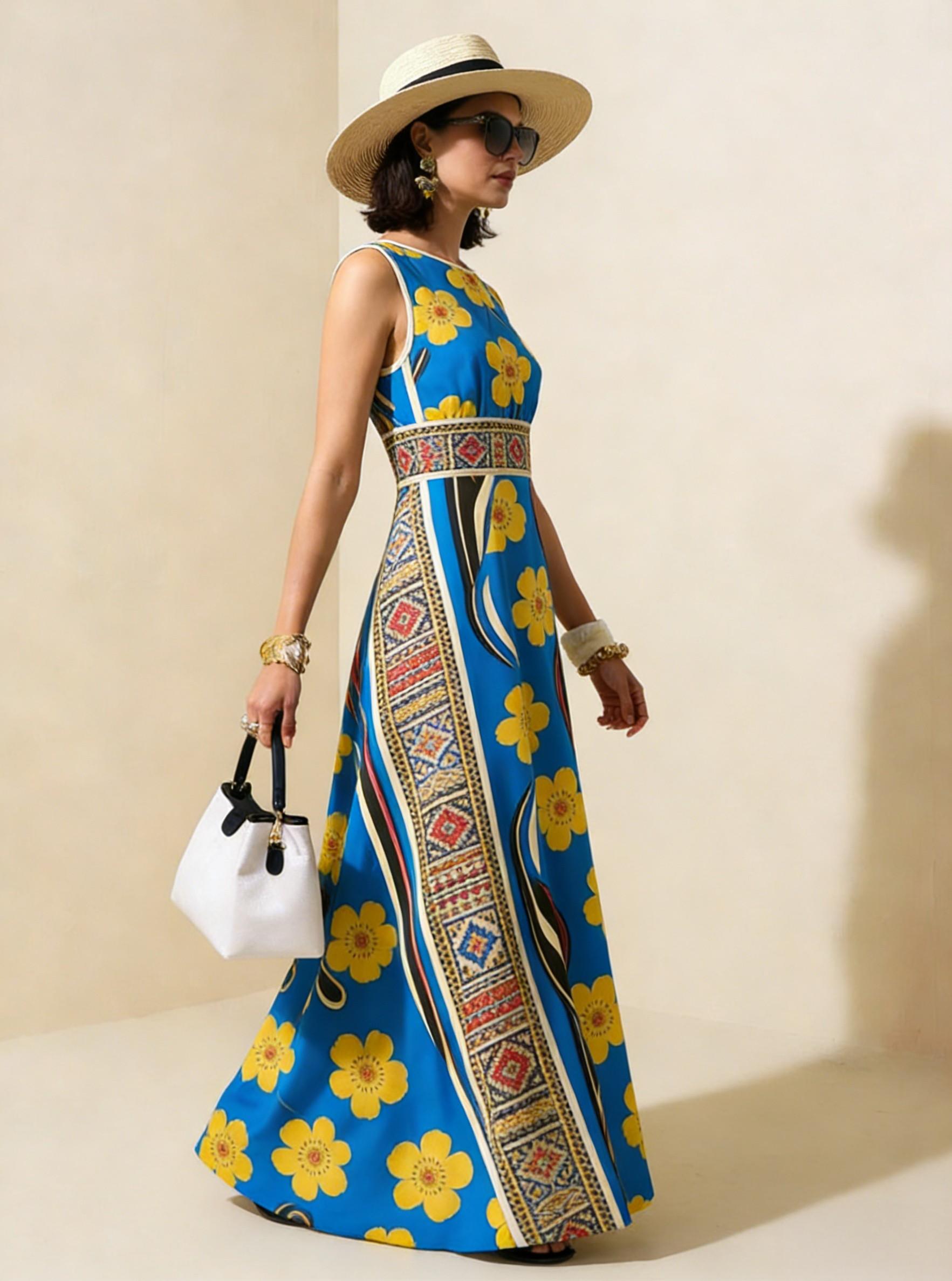 Blue Yellow Floral Ethnic Sleeveless Maxi Dress, Boho Vacation Flowy A Line Dress