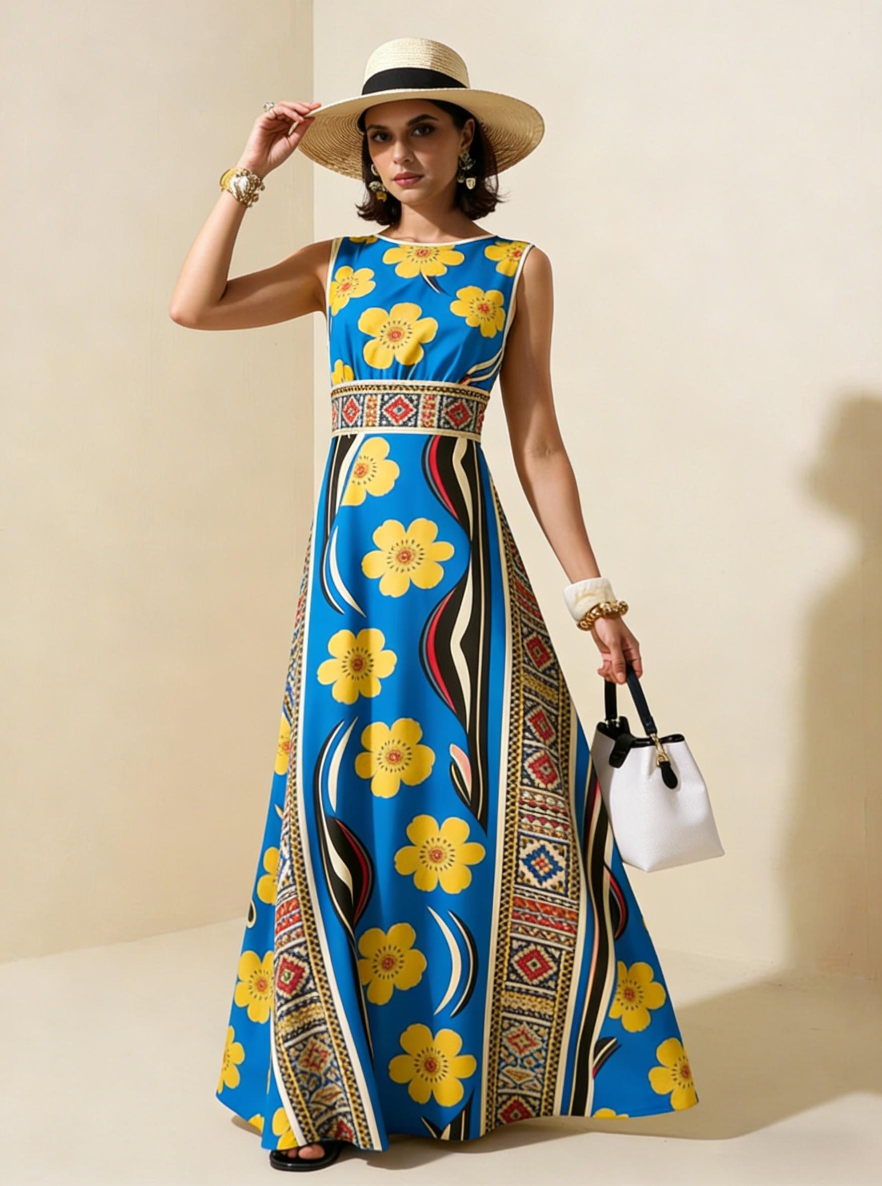 Blue Yellow Floral Ethnic Sleeveless Maxi Dress, Boho Vacation Flowy A Line Dress