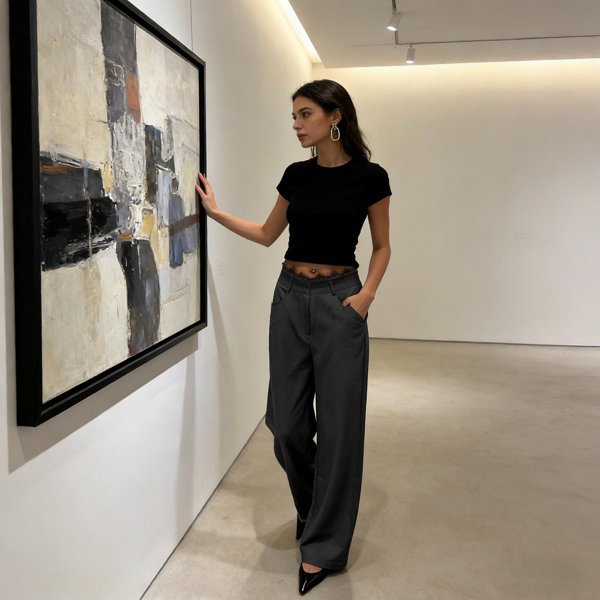 hot girl style high-waisted wide-legged pants. Lace-waisted work suit pants. Thin-looking charcoal-black pants.-Aetheryn