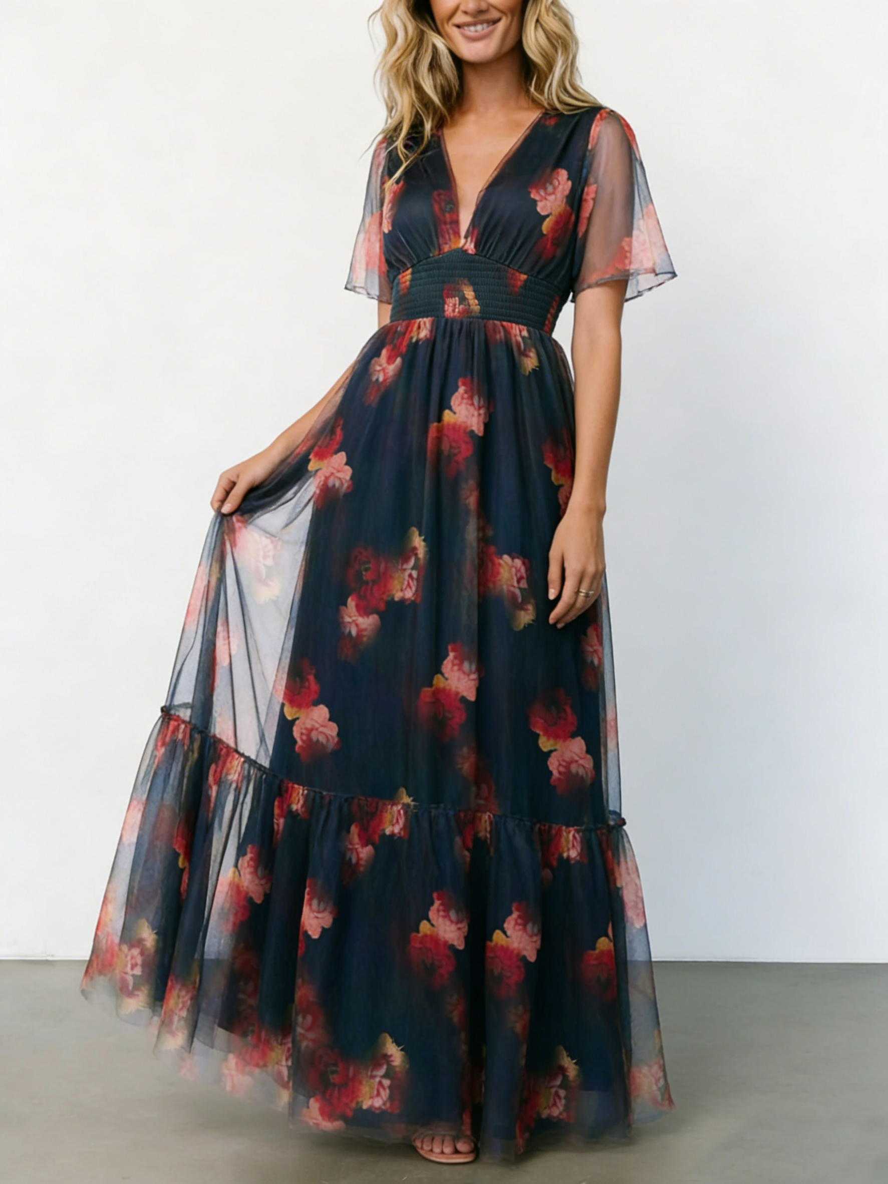 Elegant Ombre Floral Print Tulle Maxi Dress