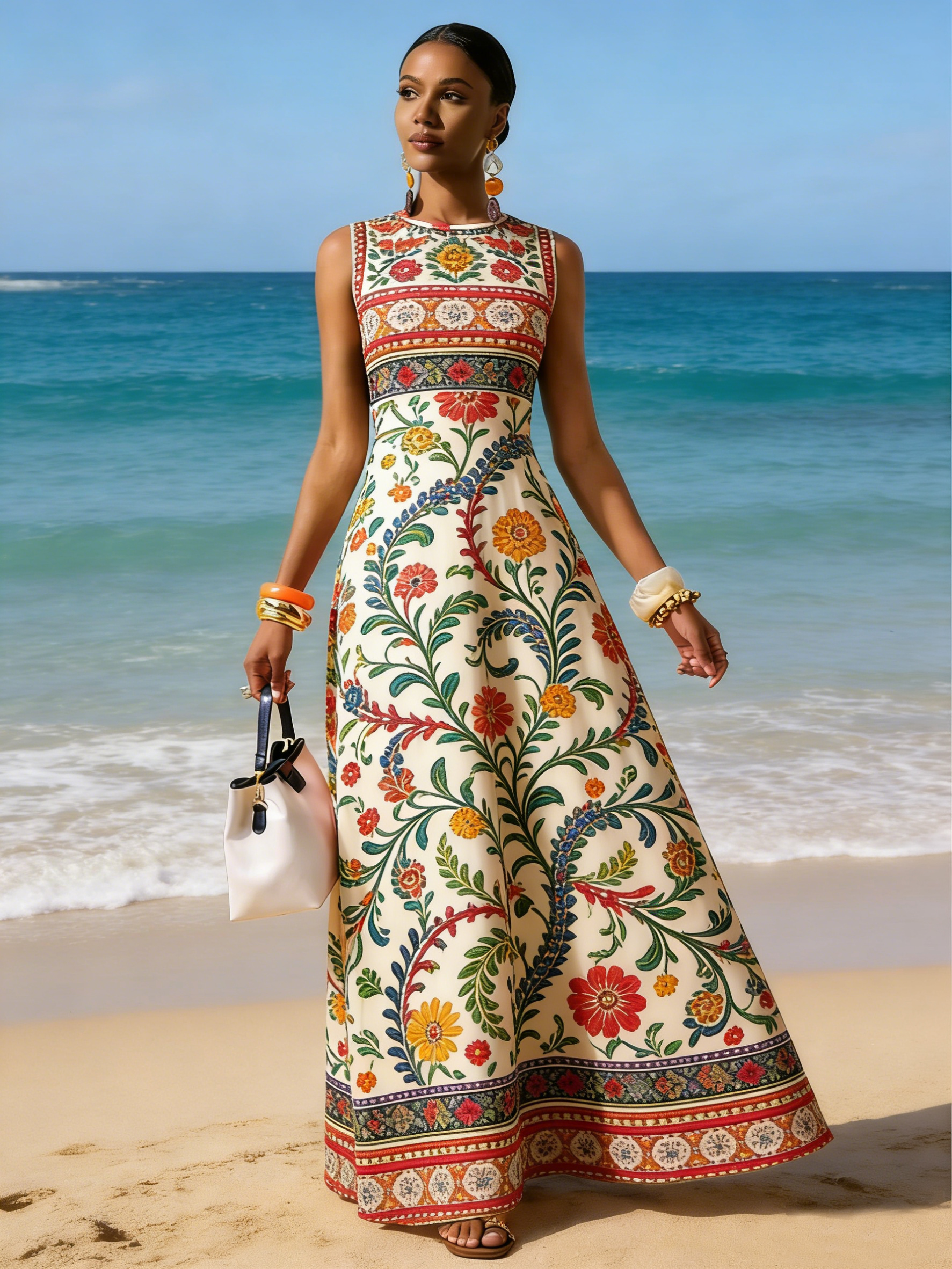 Sunkissed Print New Sleeveless Art Print Maxi Dress