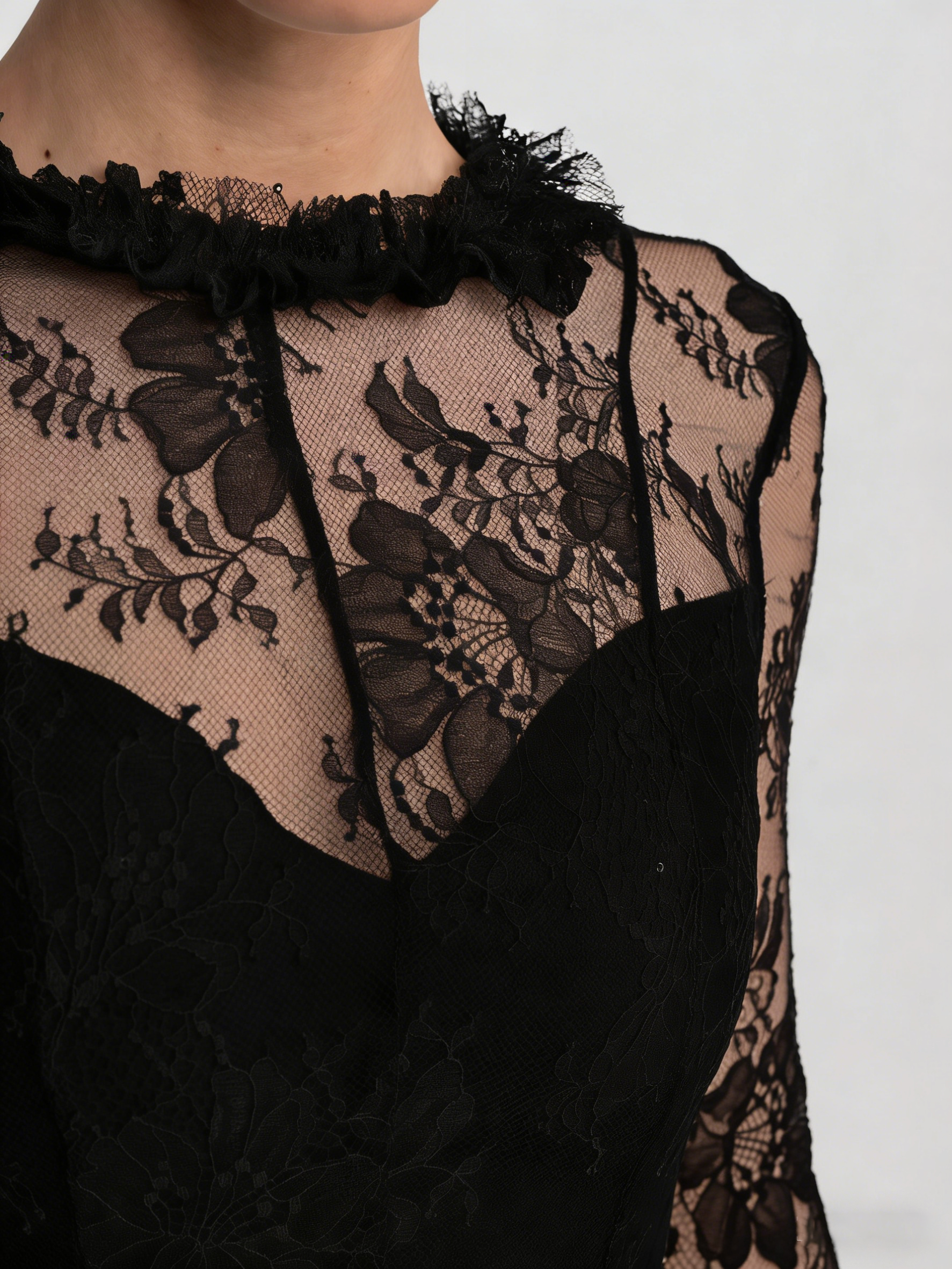 Women's Vintage Lace Tiered Mini Dress - Long Bell Sleeves & Sheer Mesh Neckline