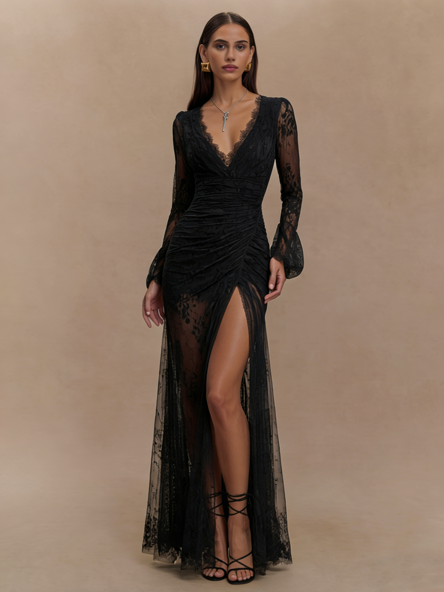 Lace Ruched Sheer Long Sleeve Slit Maxi Dress