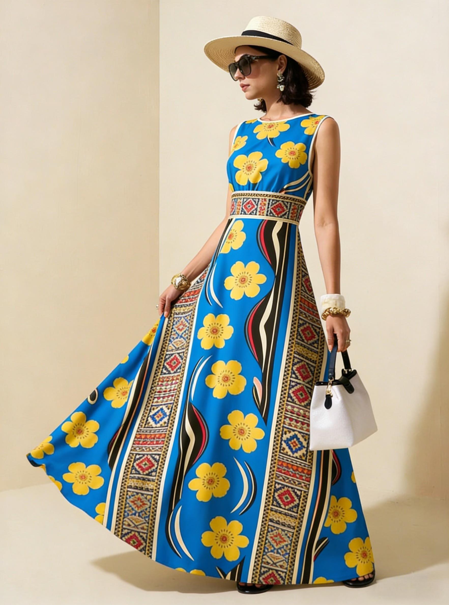 Blue Yellow Floral Ethnic Sleeveless Maxi Dress, Boho Vacation Flowy A Line Dress
