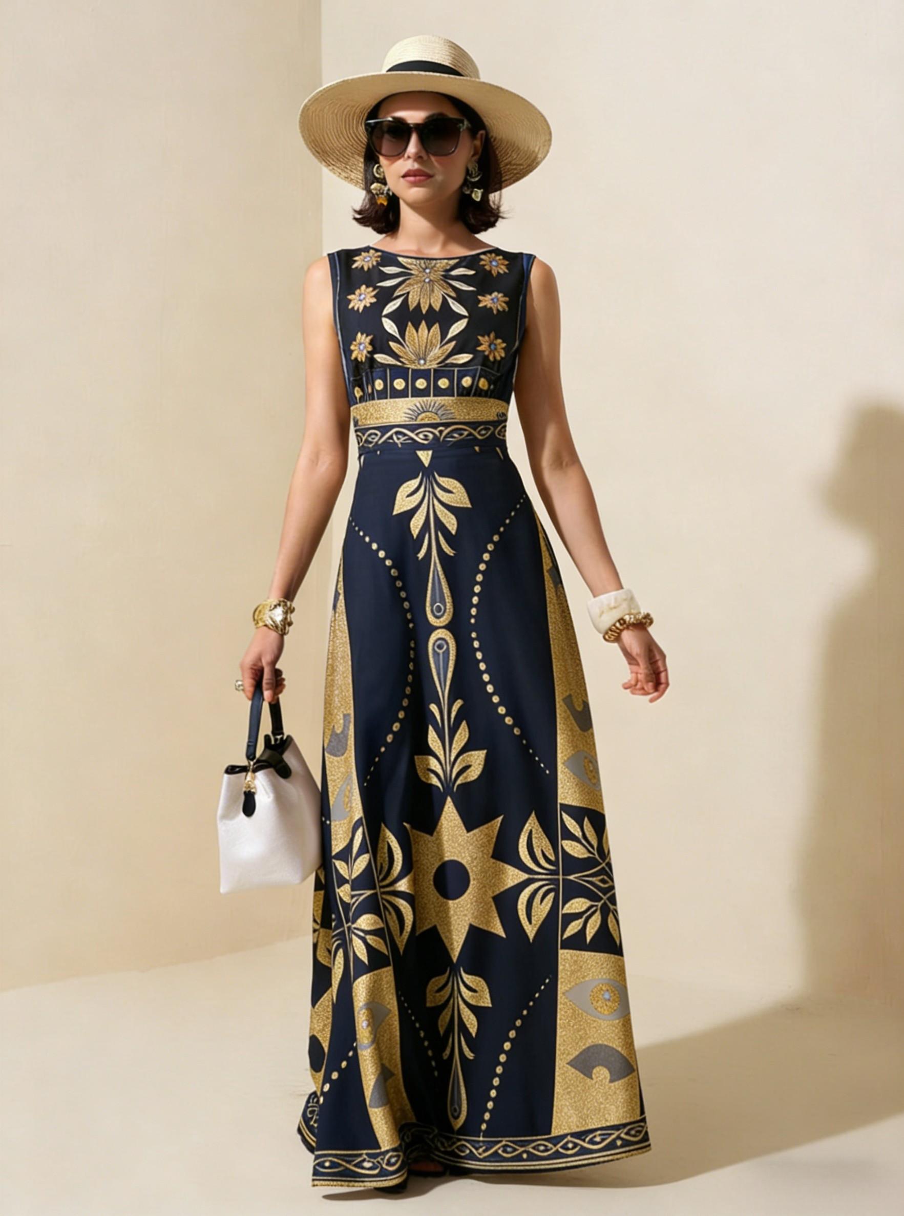 Navy Gold Geometric Tribal Sleeveless Maxi Dress, Luxury Palace Style Vacation Gown