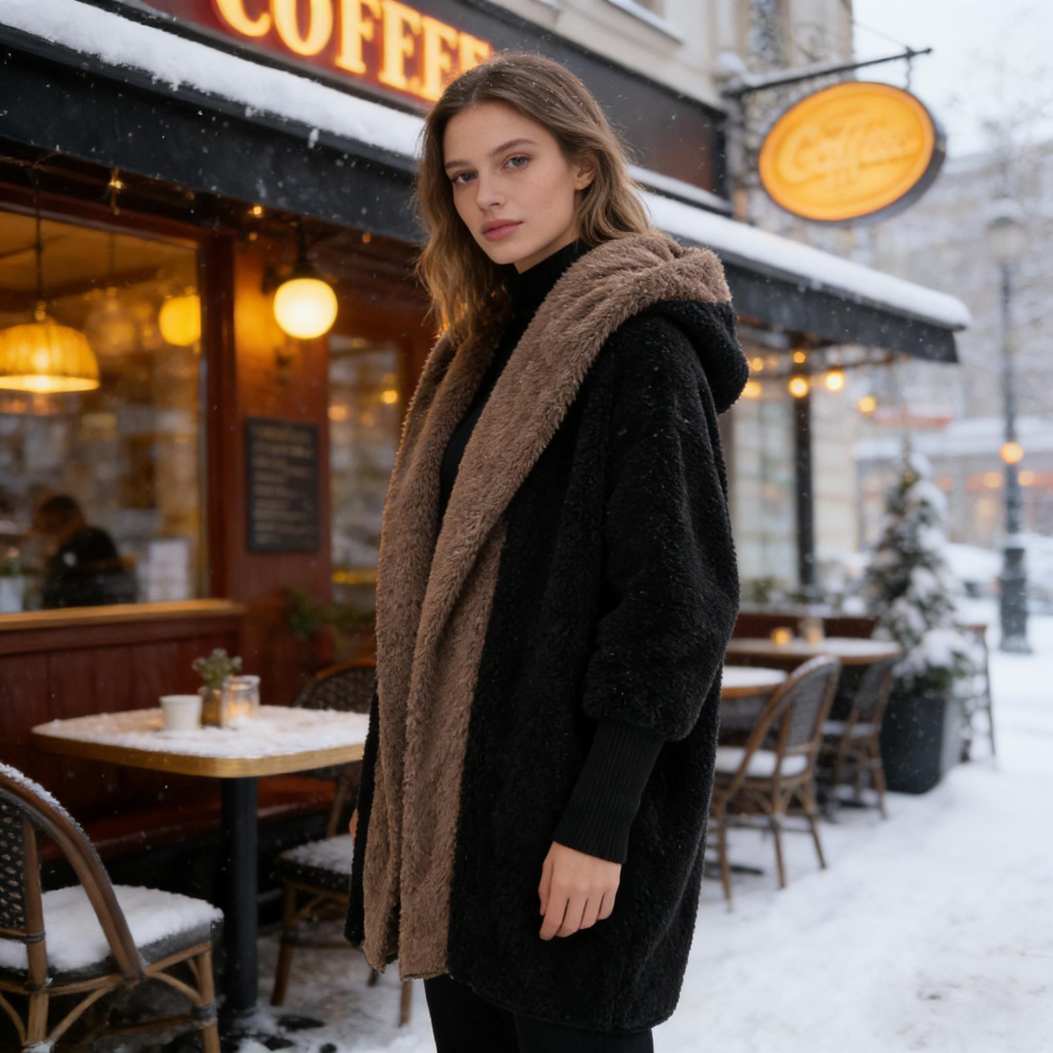 Collision-colored hooded fleece cardigan for women Loose large warm medium-length coat