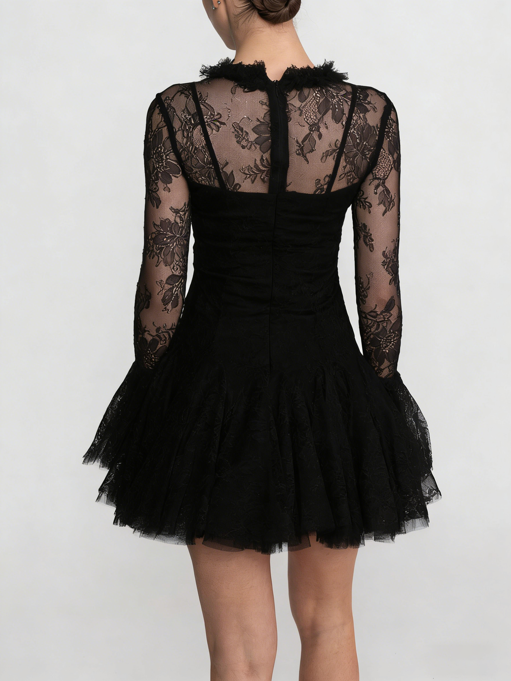Women's Vintage Lace Tiered Mini Dress - Long Bell Sleeves & Sheer Mesh Neckline