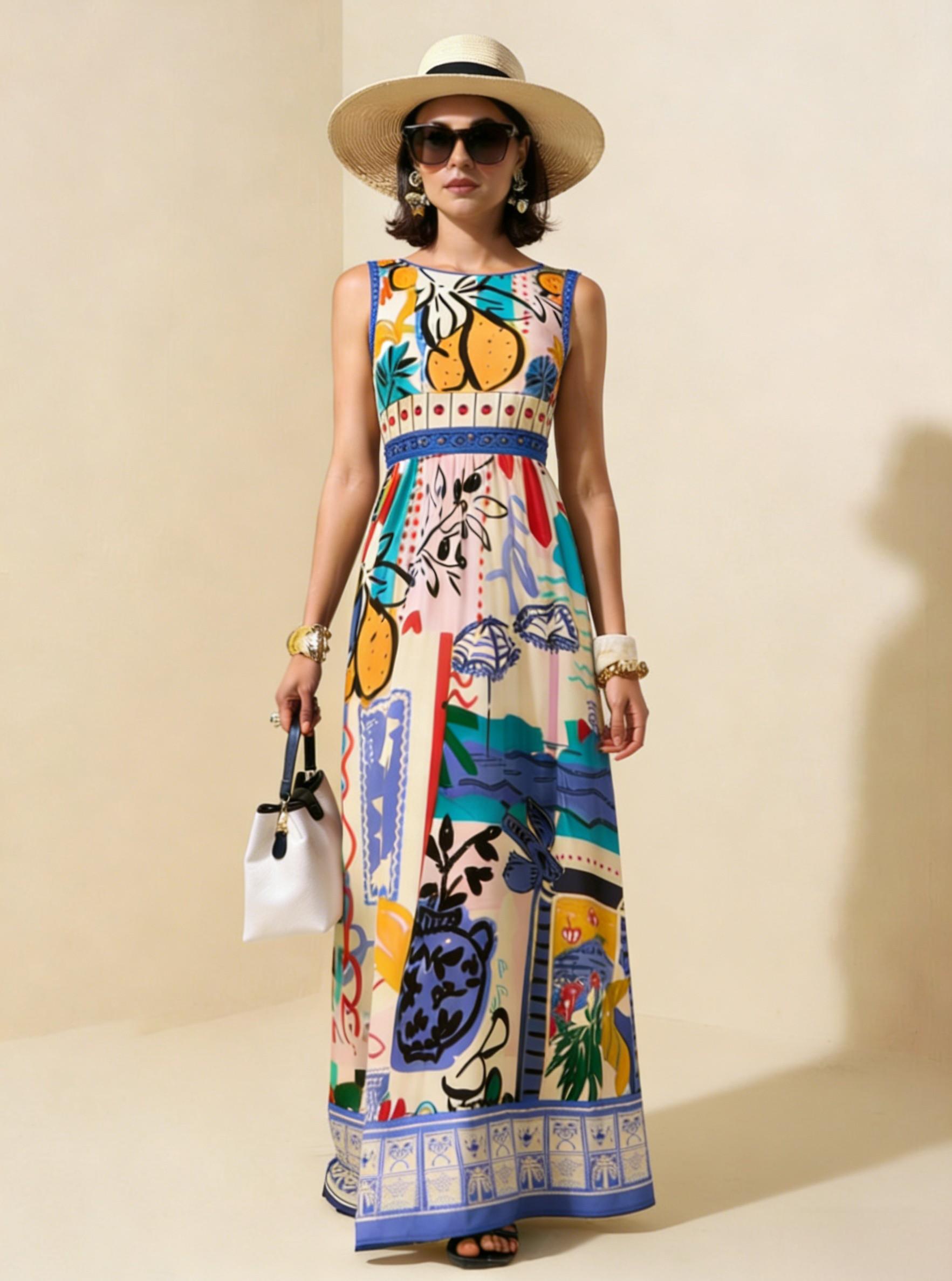 Colorful Graffiti Vacation Sleeveless Maxi Dress, Mediterranean Style Flowy Dress