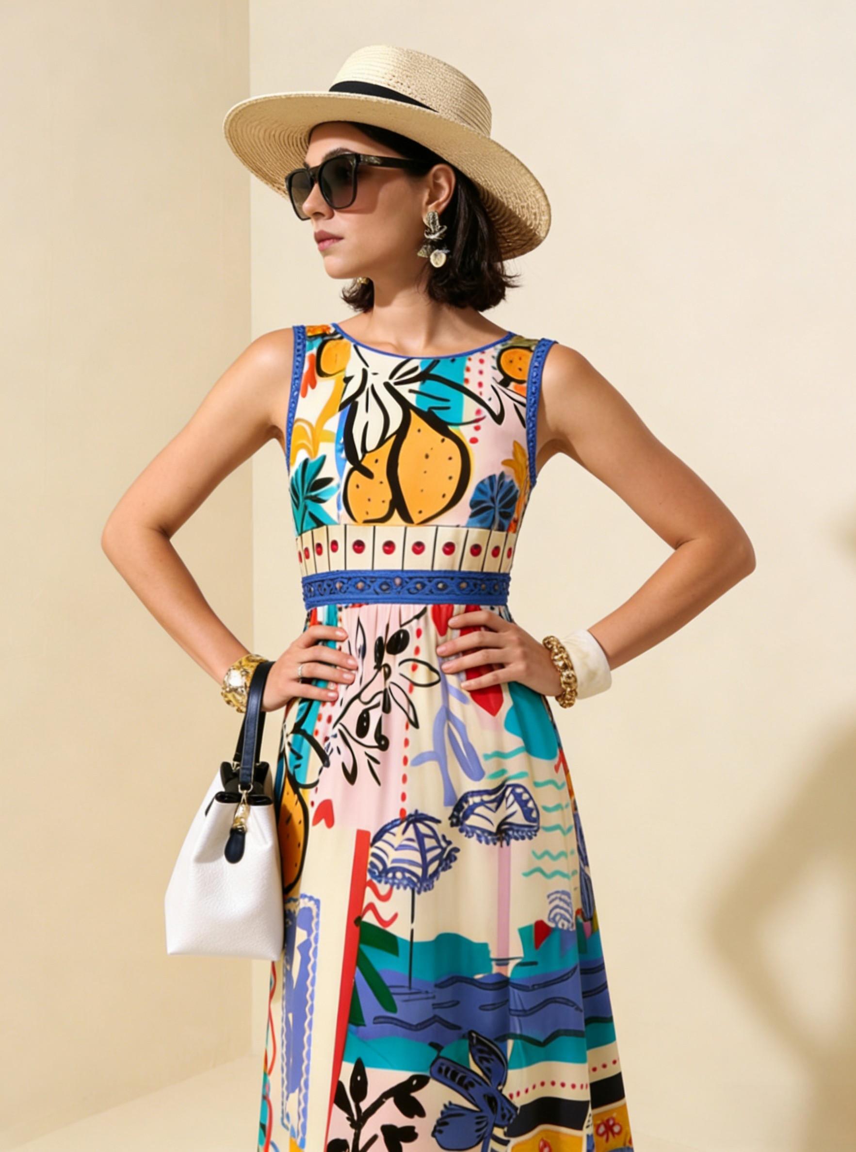 Colorful Graffiti Vacation Sleeveless Maxi Dress, Mediterranean Style Flowy Dress