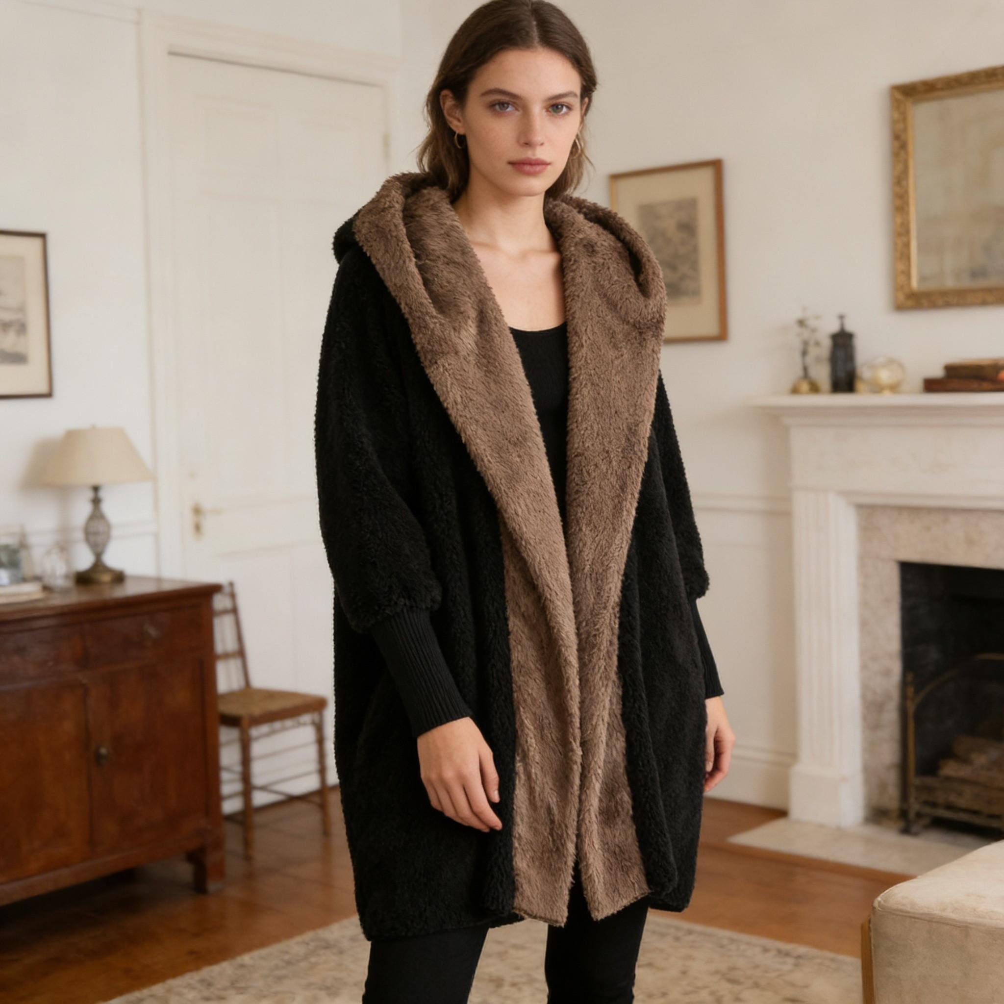 Collision-colored hooded fleece cardigan for women Loose large warm medium-length coat