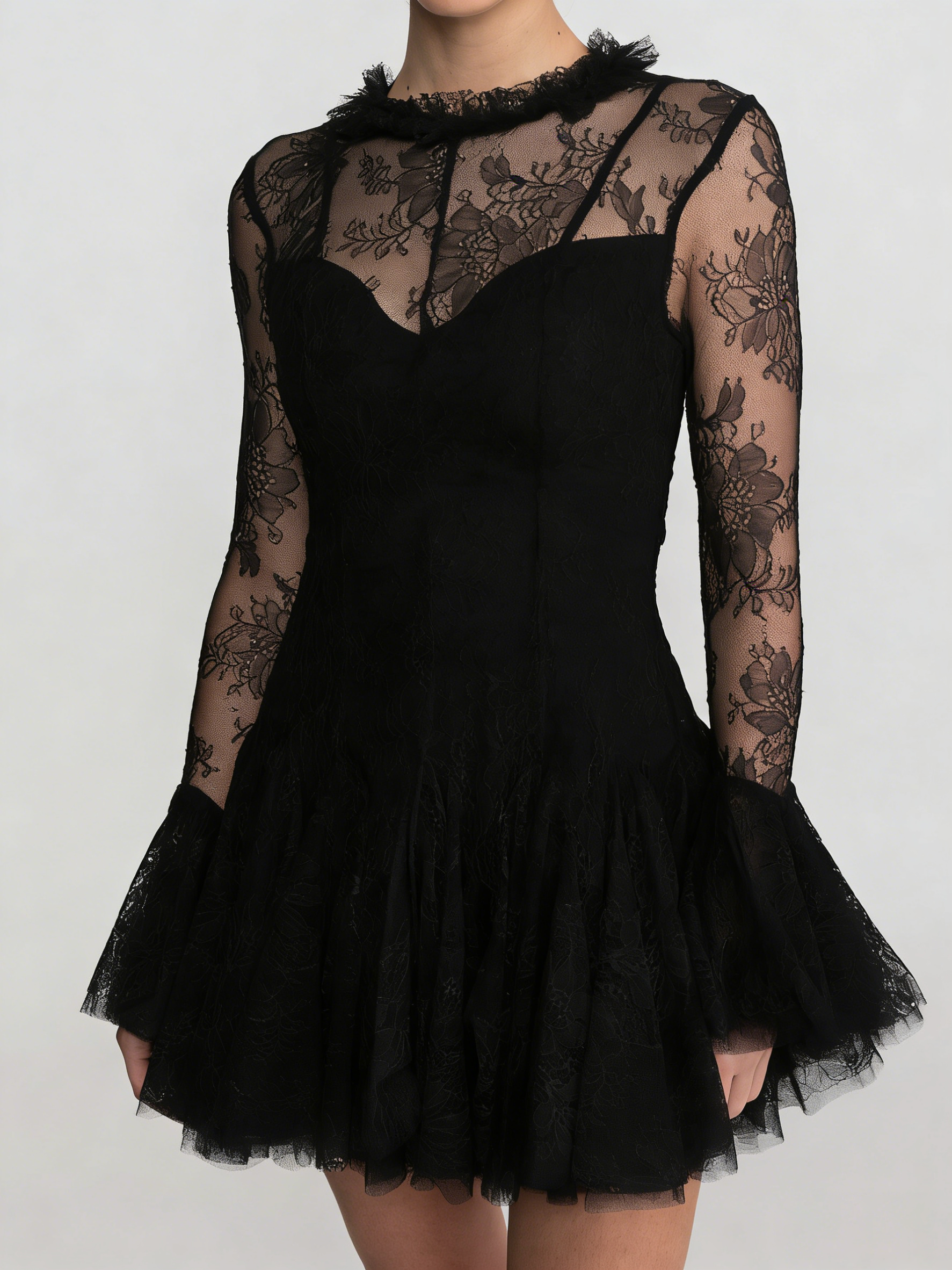 Women's Vintage Lace Tiered Mini Dress - Long Bell Sleeves & Sheer Mesh Neckline