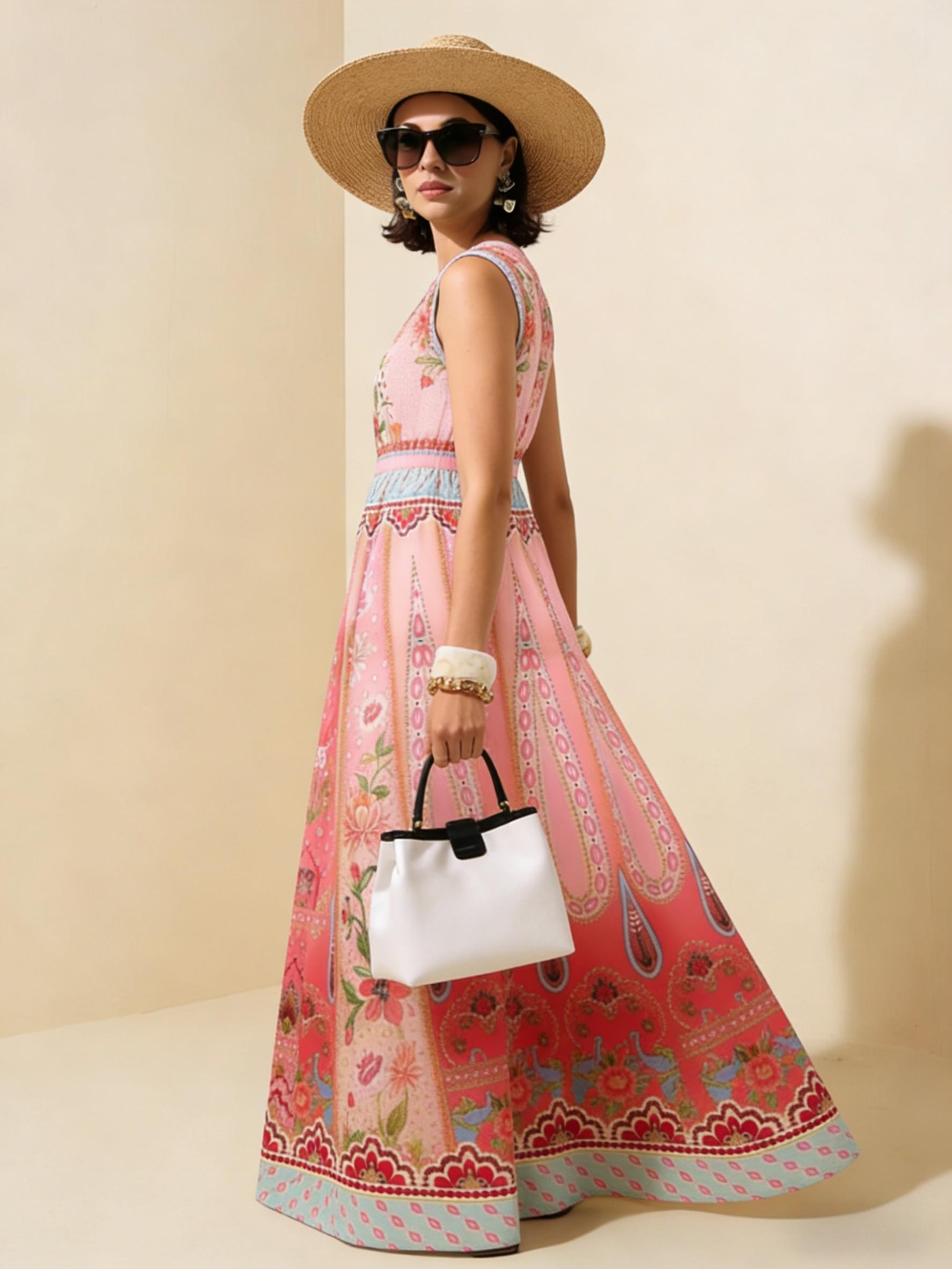 Pink Floral Ethnic Sleeveless Maxi Dress, Exotic Style Vacation Flowy Dress