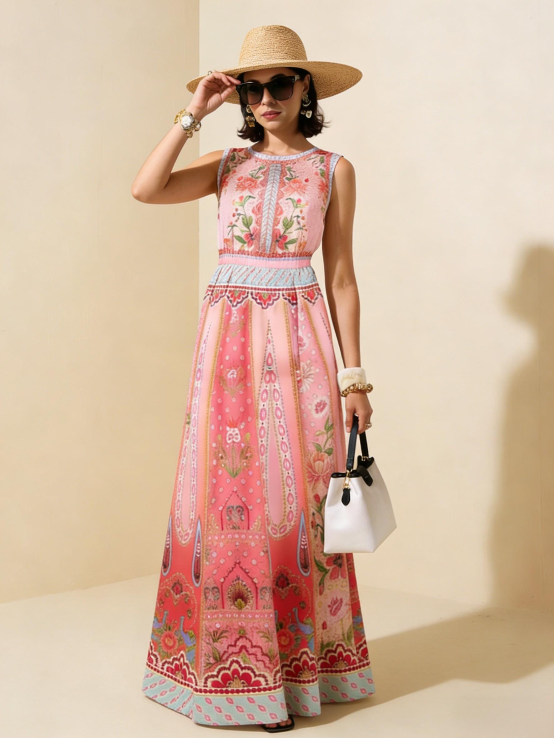 Pink Floral Ethnic Sleeveless Maxi Dress, Exotic Style Vacation Flowy Dress