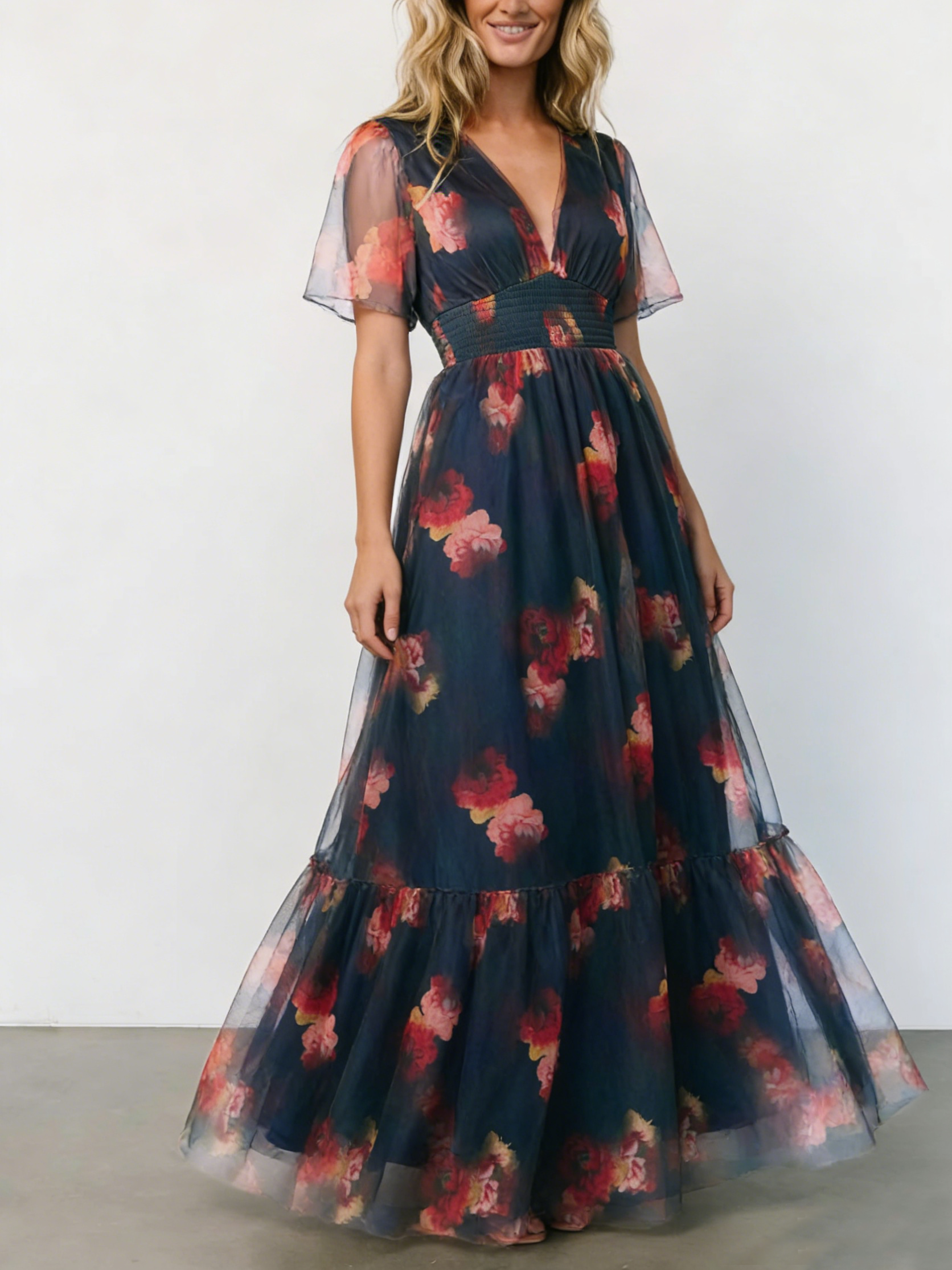 Elegant Ombre Floral Print Tulle Maxi Dress