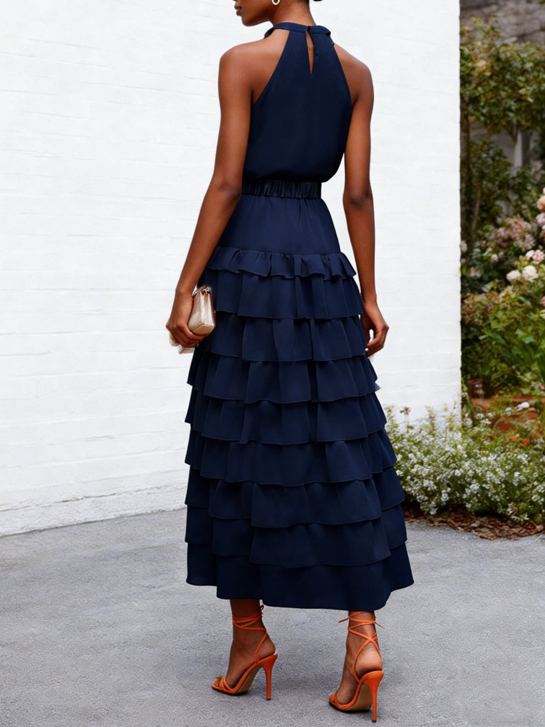 Peplum Tiered Chiffon Halter Sleeveless A-Line Maxi Dress