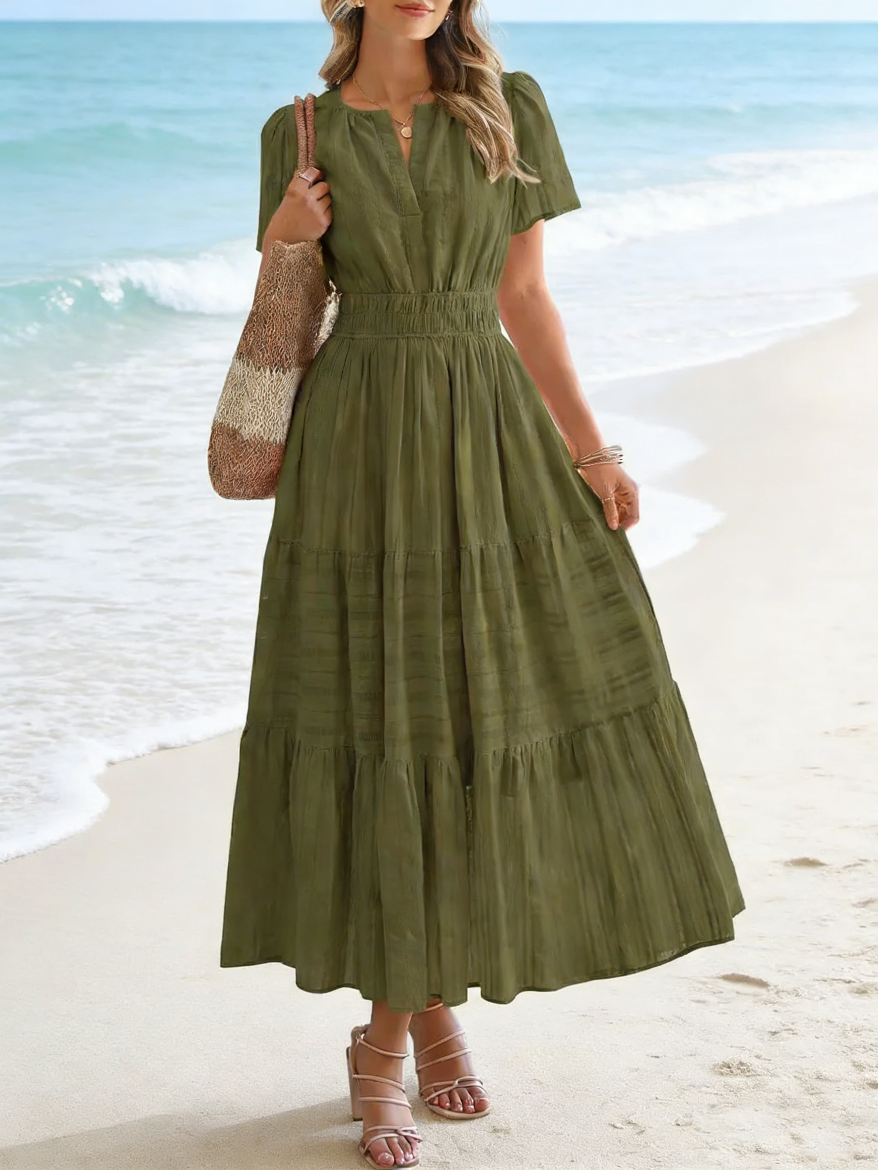 Casual V Neck Boho Midi Dress with Pockets