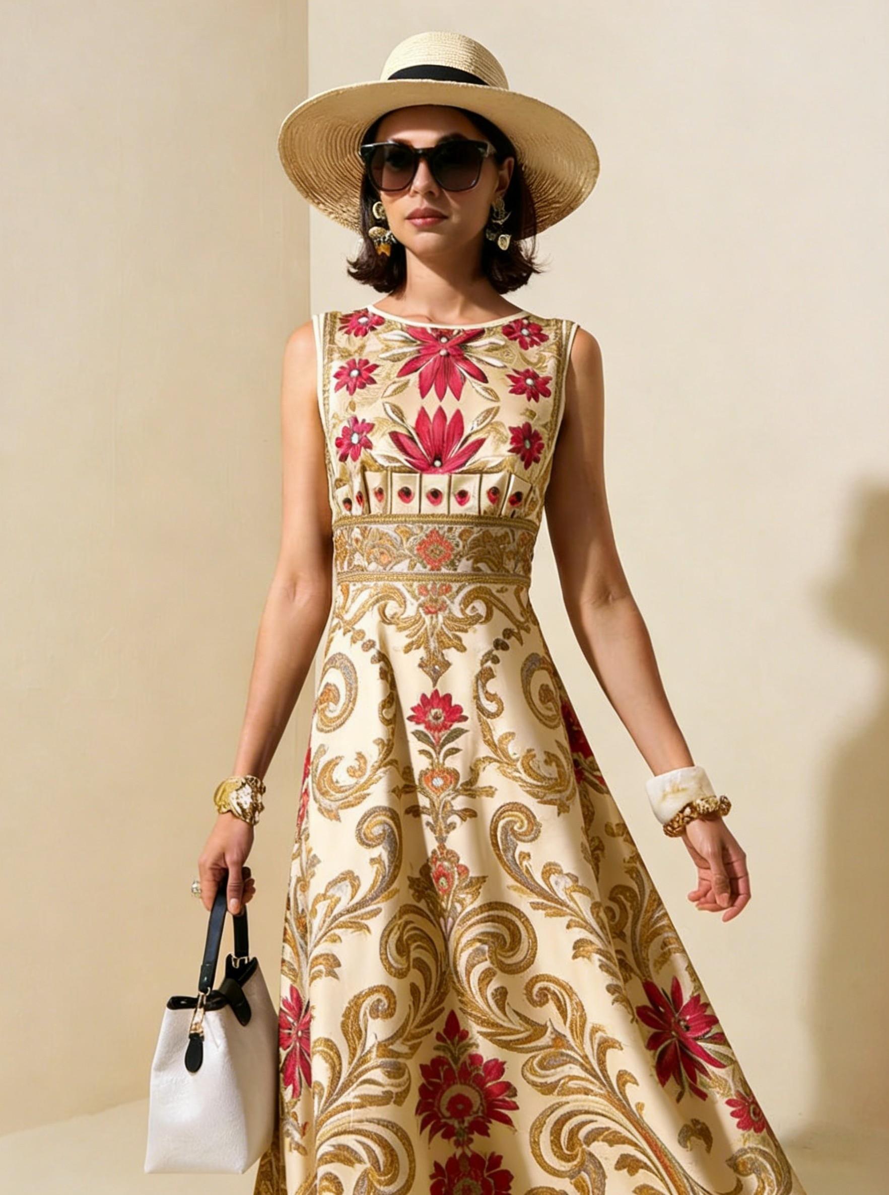 Beige & Gold Vintage Floral Sleeveless Maxi Dress, Elegant Palace Style Vacation Gown