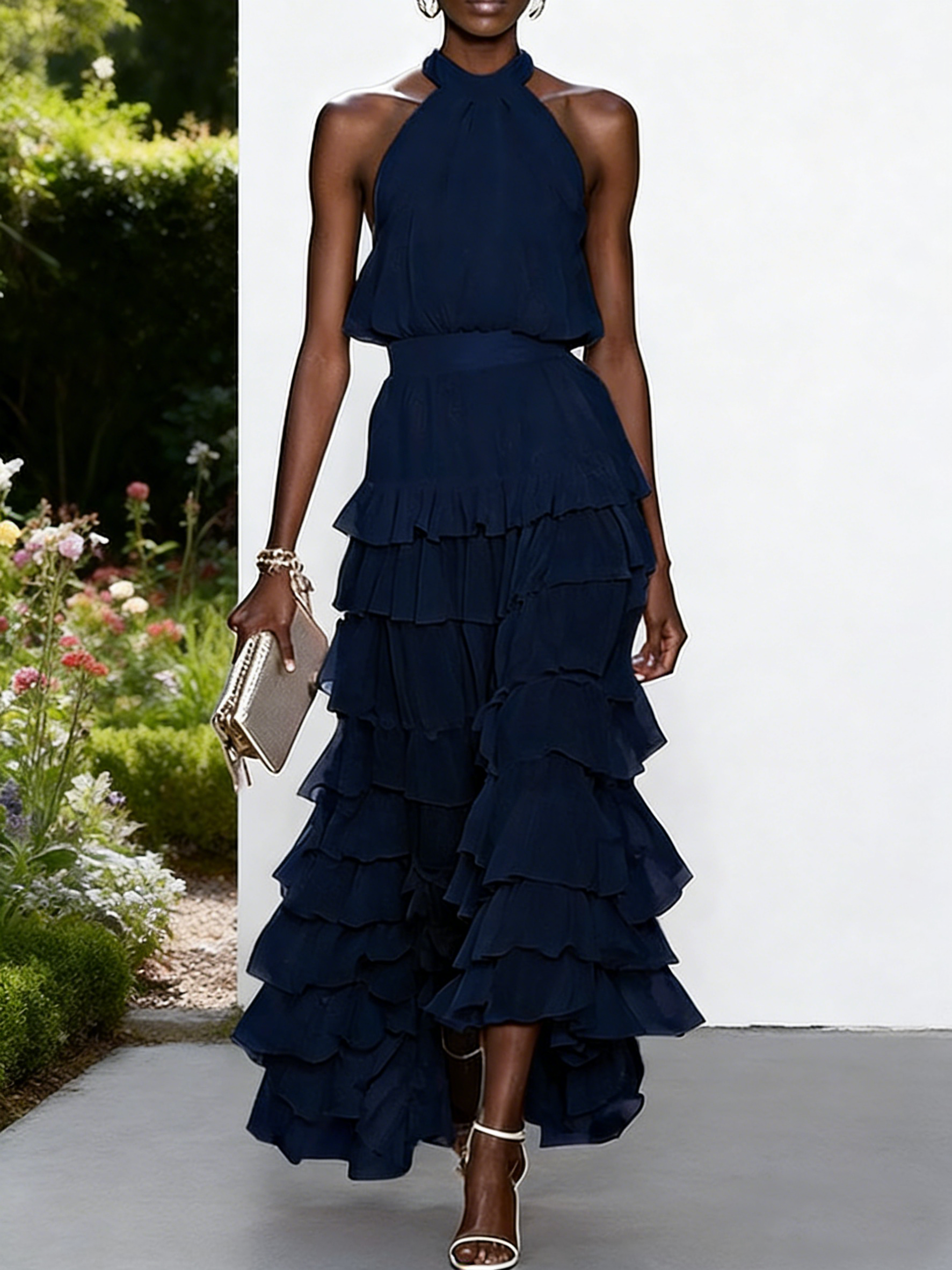 Peplum Tiered Chiffon Halter Sleeveless A-Line Maxi Dress