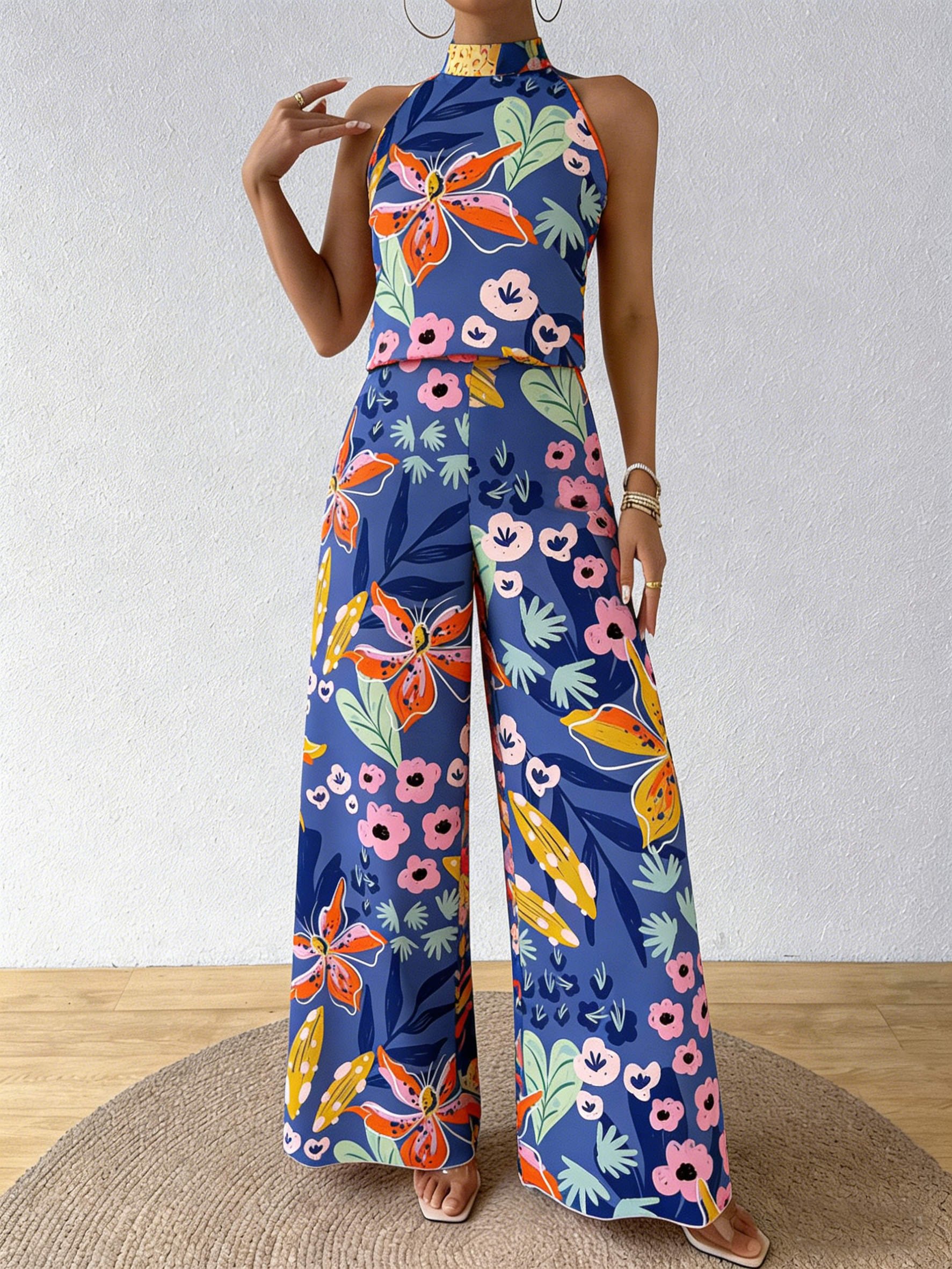 Holiday Flower Neckholder Top & Wide Legs Two-Piece Set