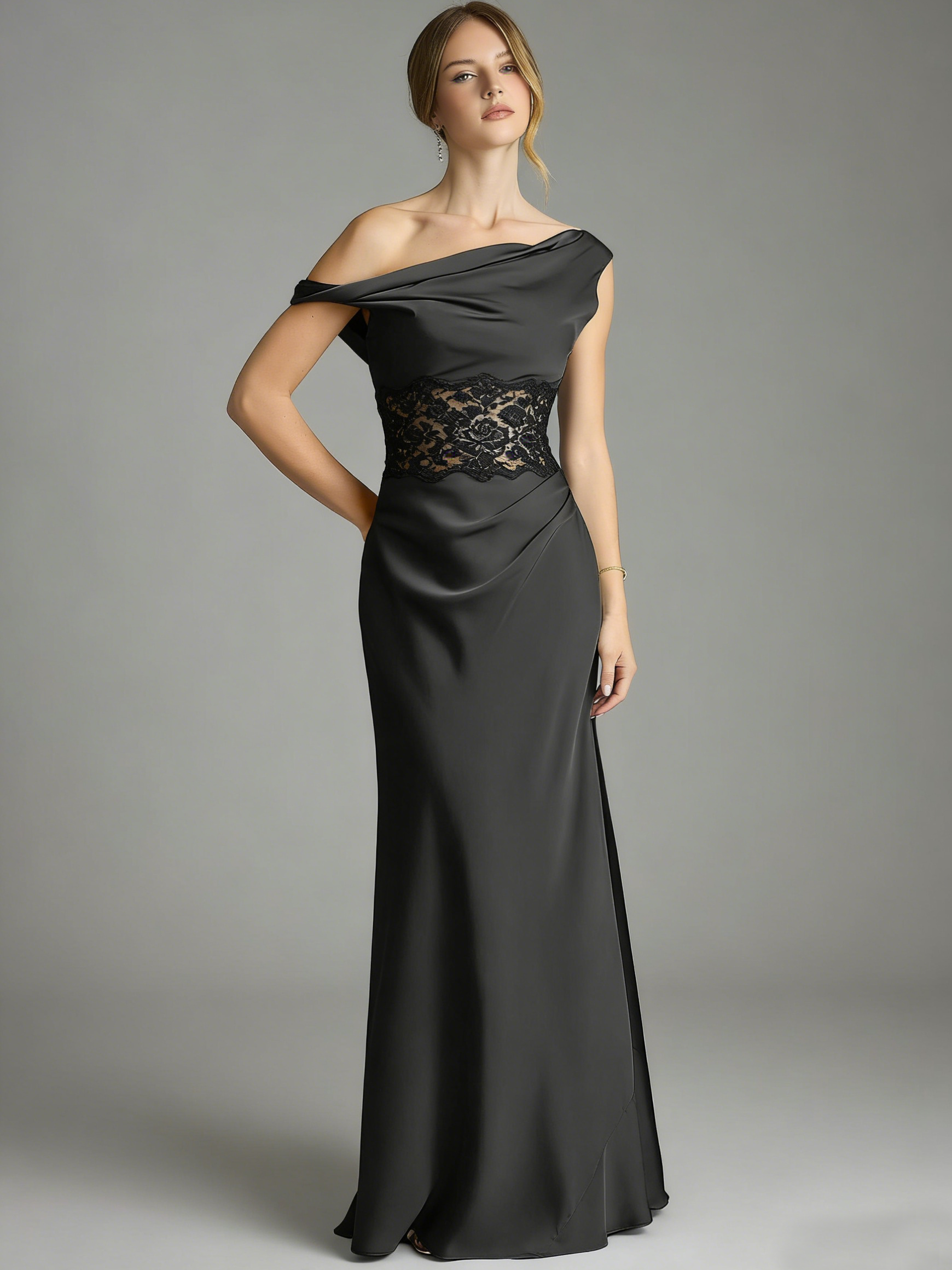 Black Mermaid Off the Shoulder Lace Detail Satin Dress