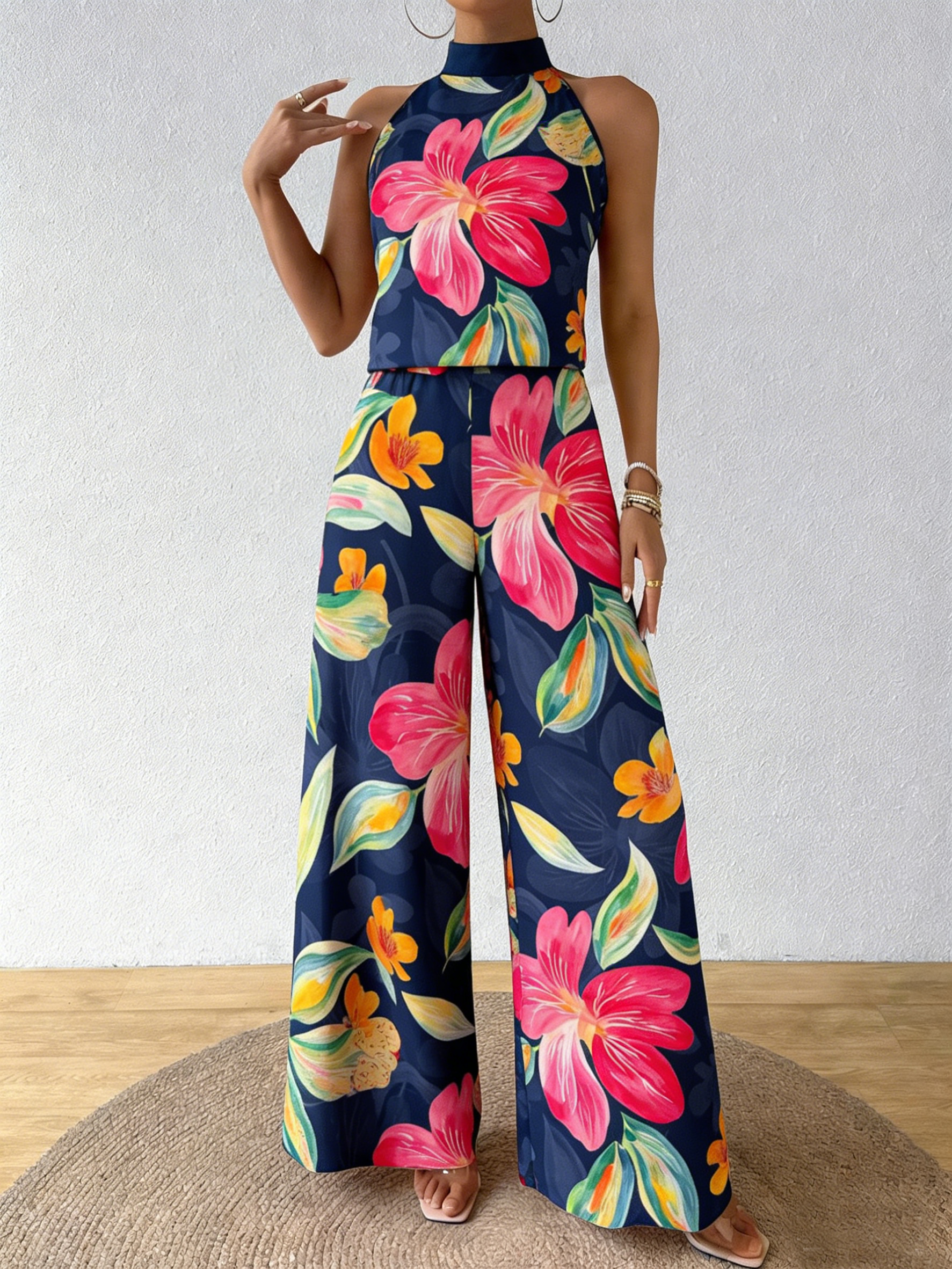 Holiday Flower Neckholder Top & Wide Legs Two-Piece Set