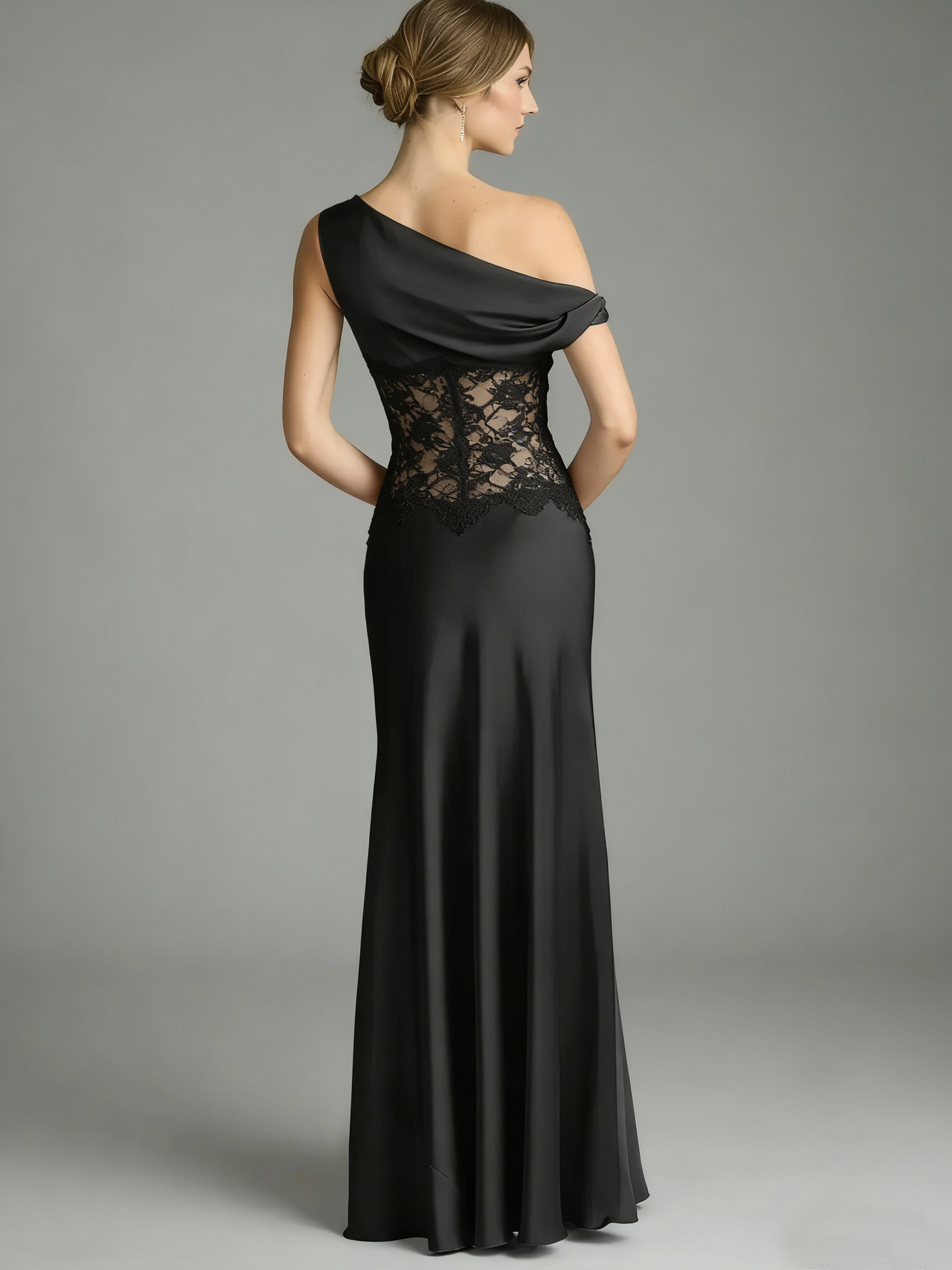 Black Mermaid Off the Shoulder Lace Detail Satin Dress