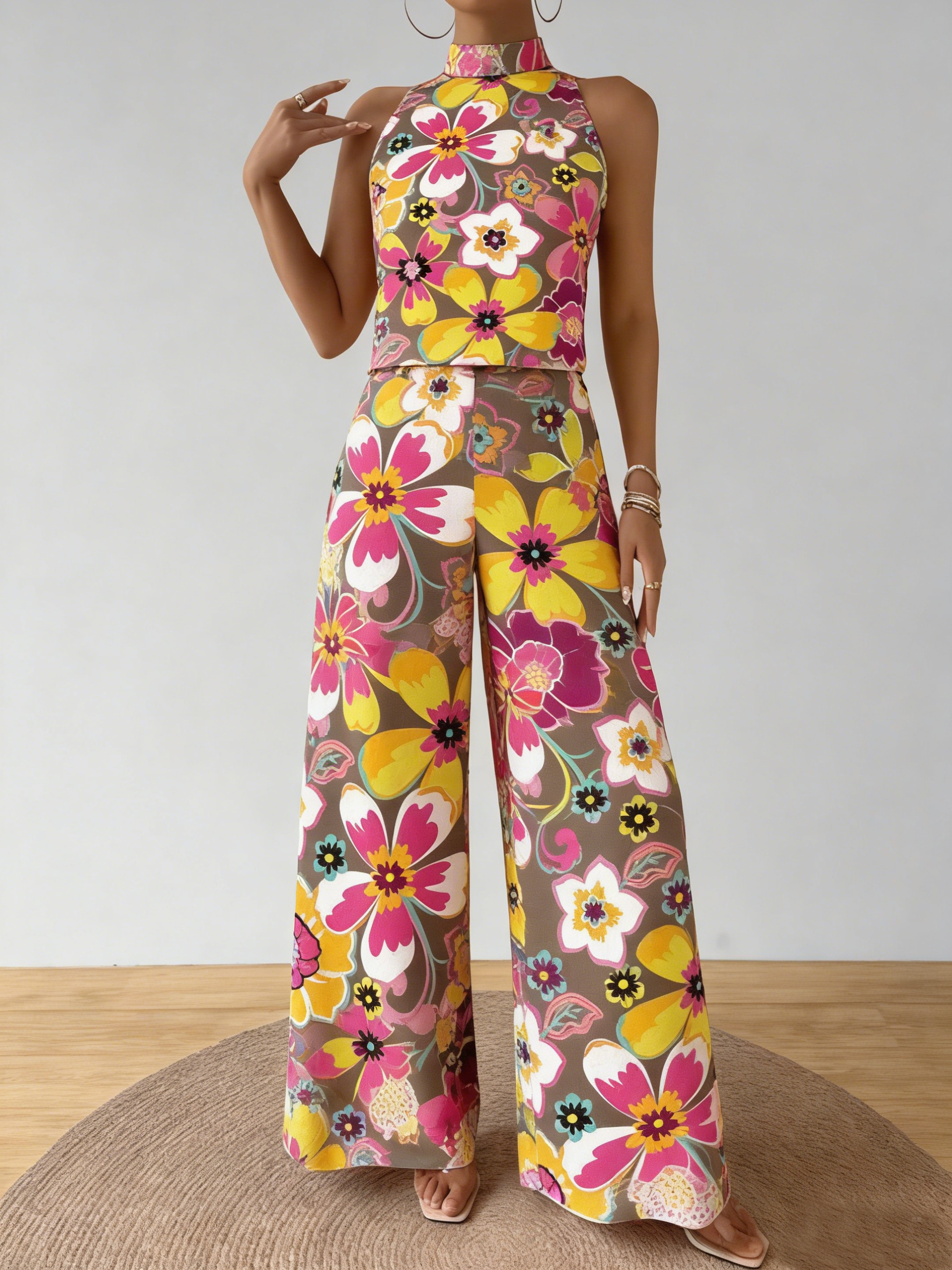 Holiday Flower Neckholder Top & Wide Legs Two-Piece Set