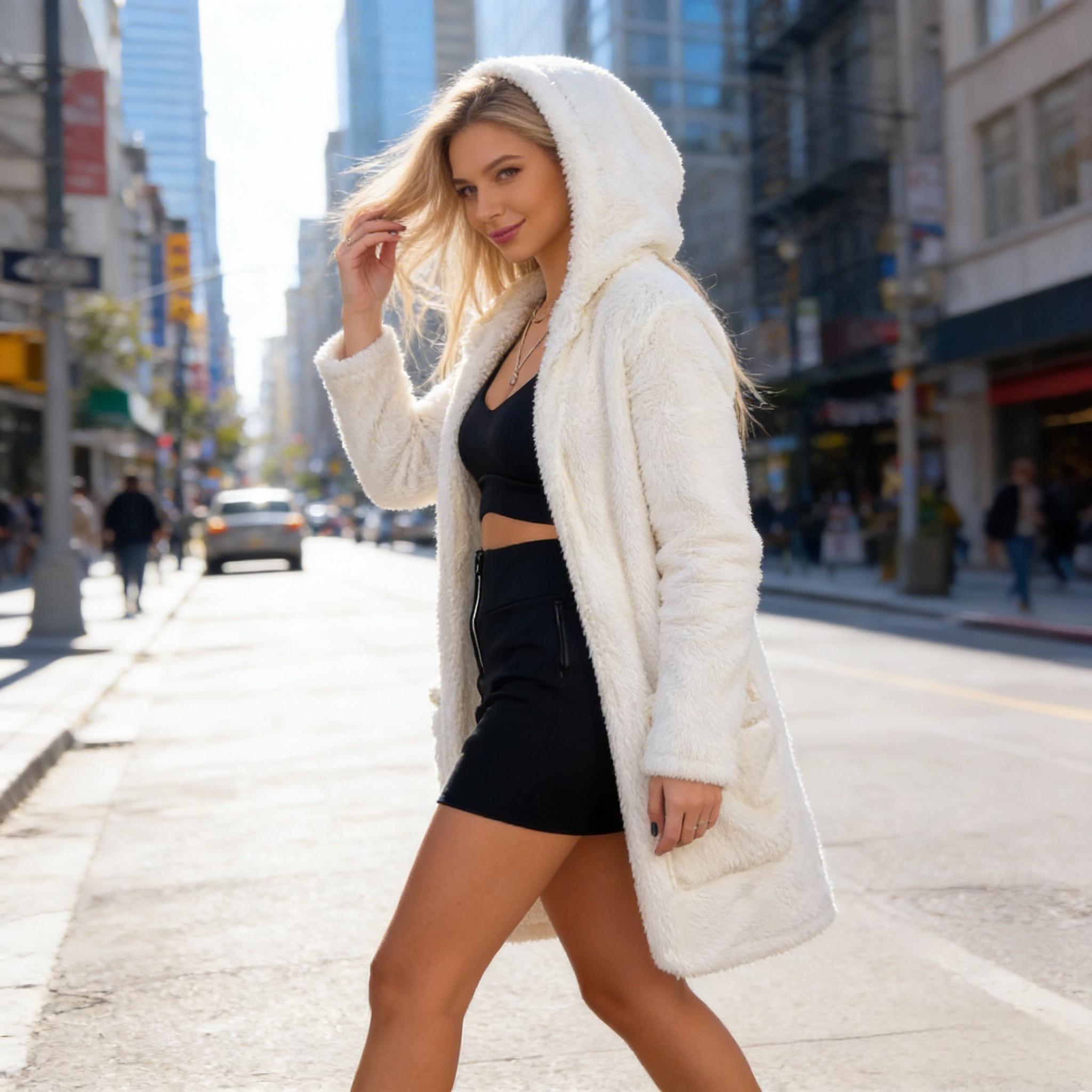 White hooded fleece cardigan Women‘s loose medium-length thermal jacket