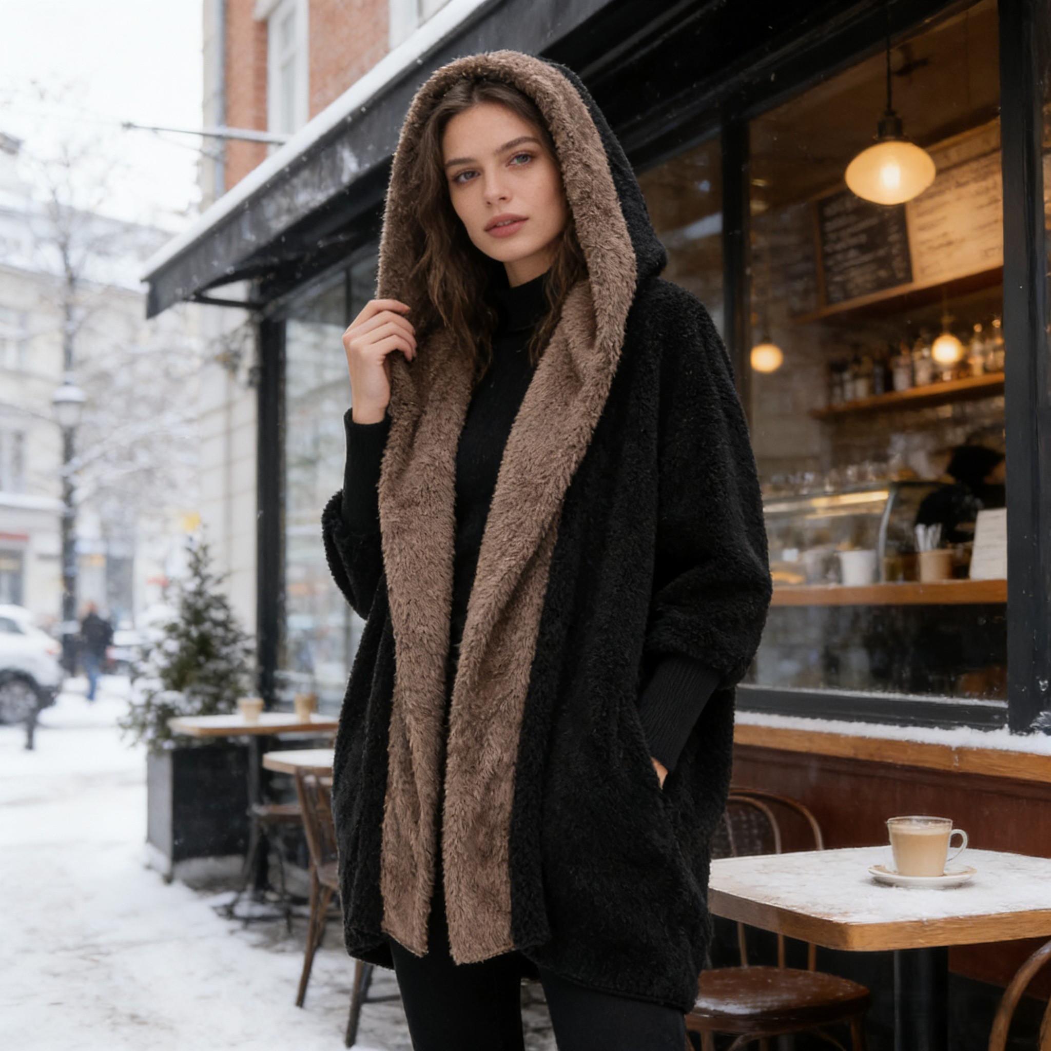 Collision-colored hooded fleece cardigan for women Loose large warm medium-length coat