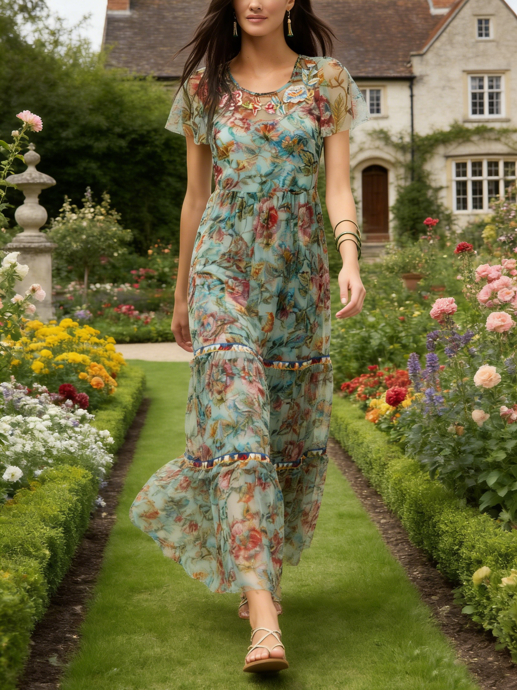 Boho Floral Embroidered Tiered Mesh Maxi Dress