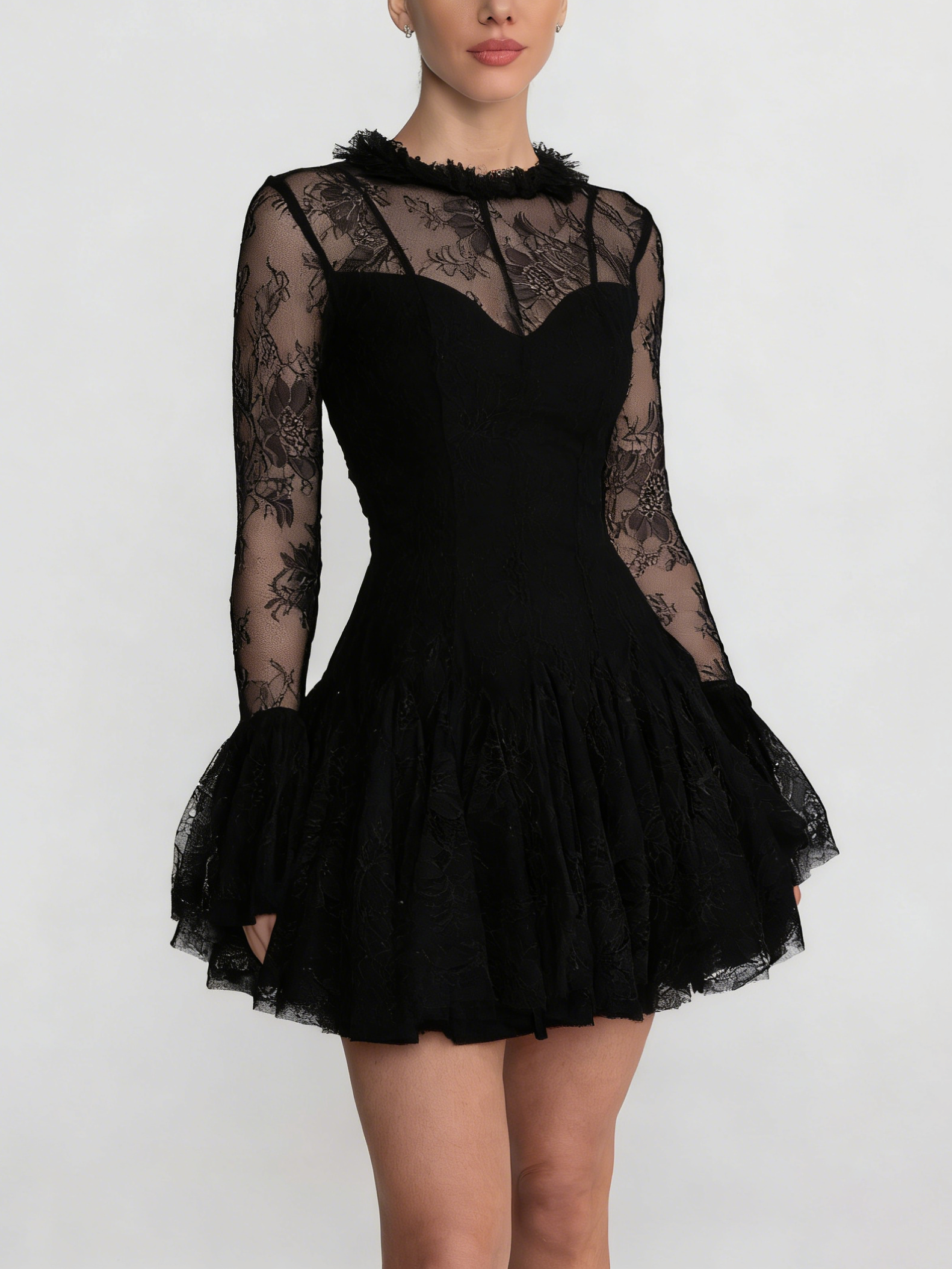 Women's Vintage Lace Tiered Mini Dress - Long Bell Sleeves & Sheer Mesh Neckline