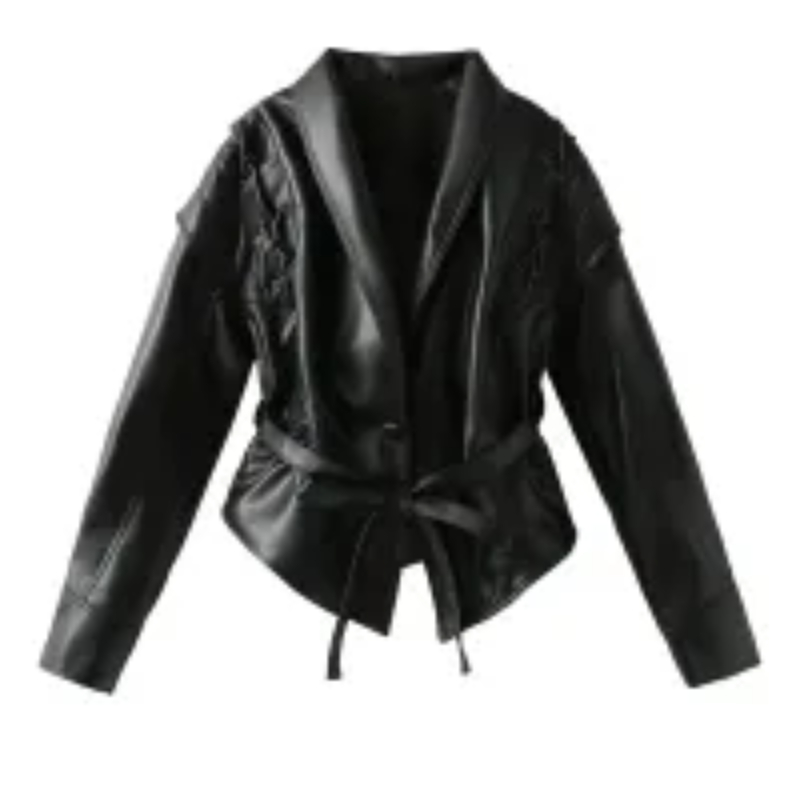 Woman's Faux Leather Lace-Up Detail Belted Cropped Jacket