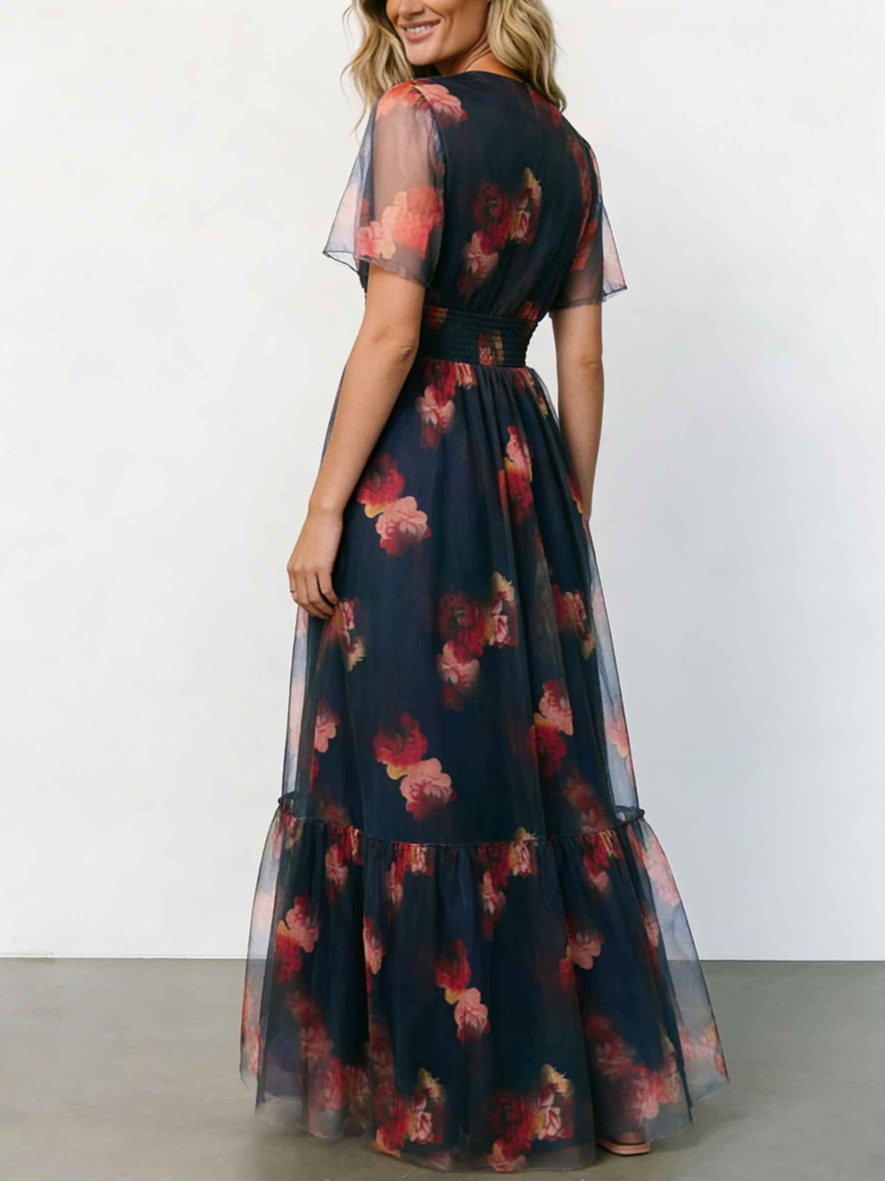 Elegant Ombre Floral Print Tulle Maxi Dress